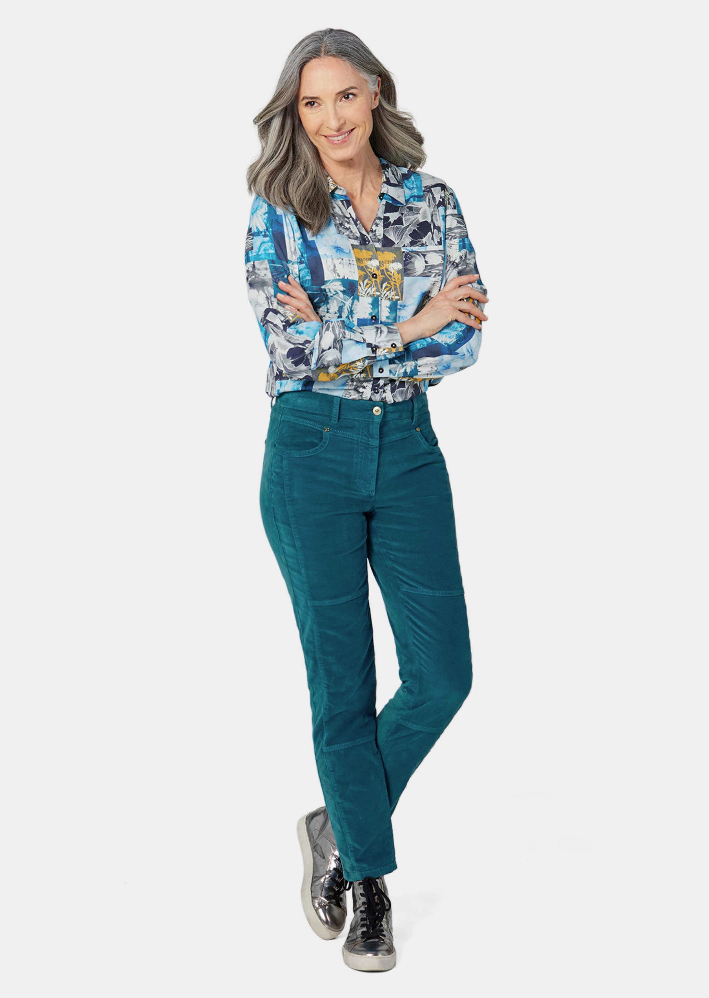 Pantalon en velours confort à effet délavé - pétrole - Gr. 235 de Goldner Fashion