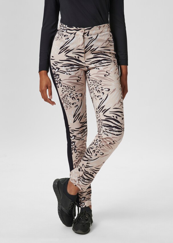 Slimline trousers with abstract print and decorative stripes