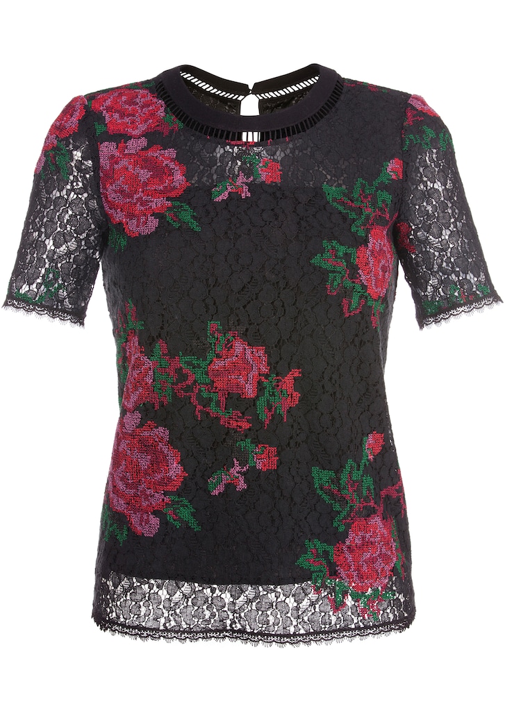 Short-sleeved, floral laced blouson top