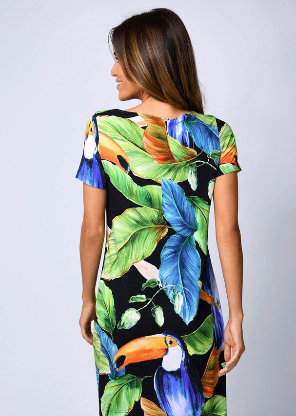 Kleid mit buntem Papageien-Druck 1