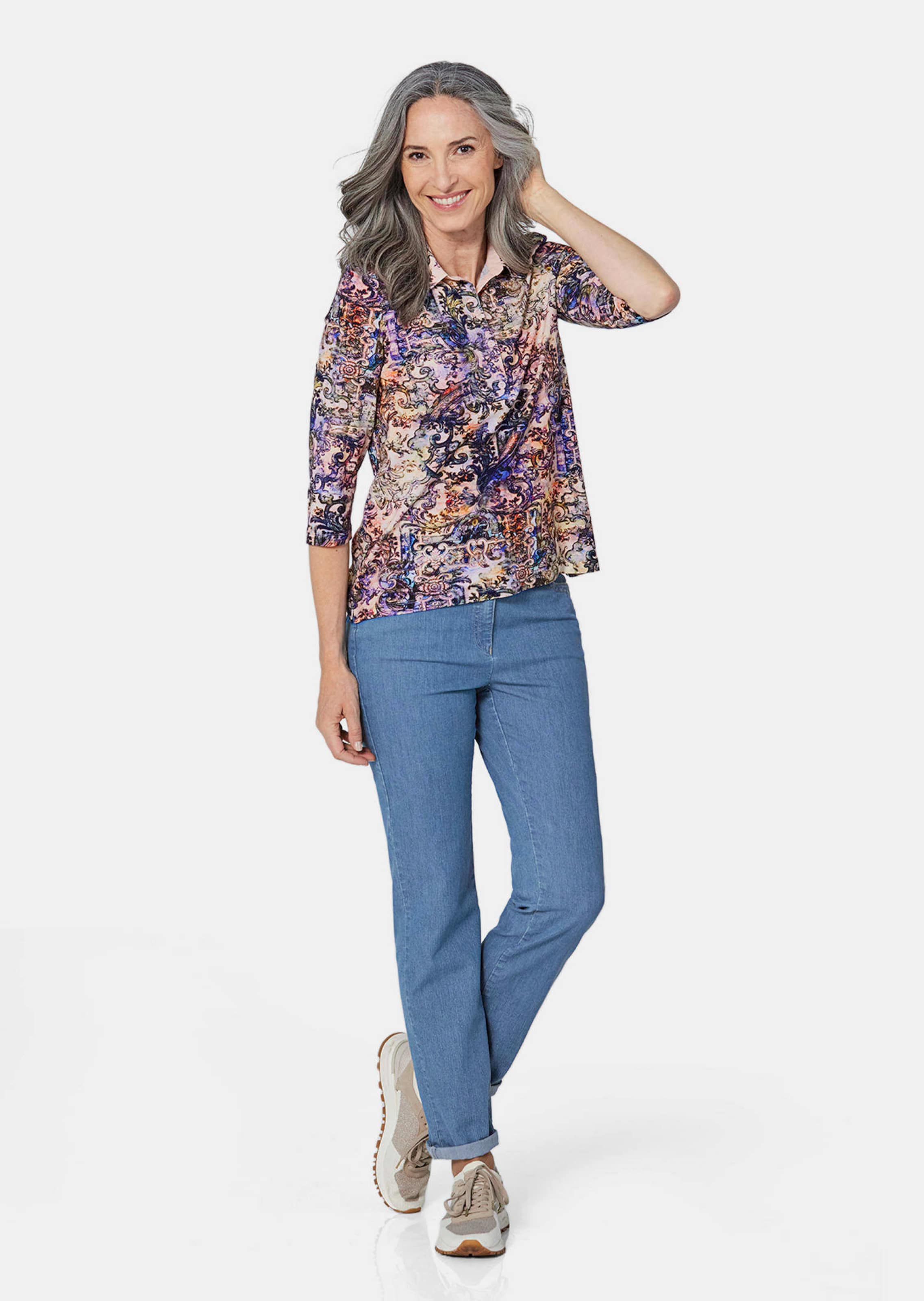 Polo imprimé à manches 3/4 - jaune / lilas / à motifs - Gr. 44 de Goldner Fashion