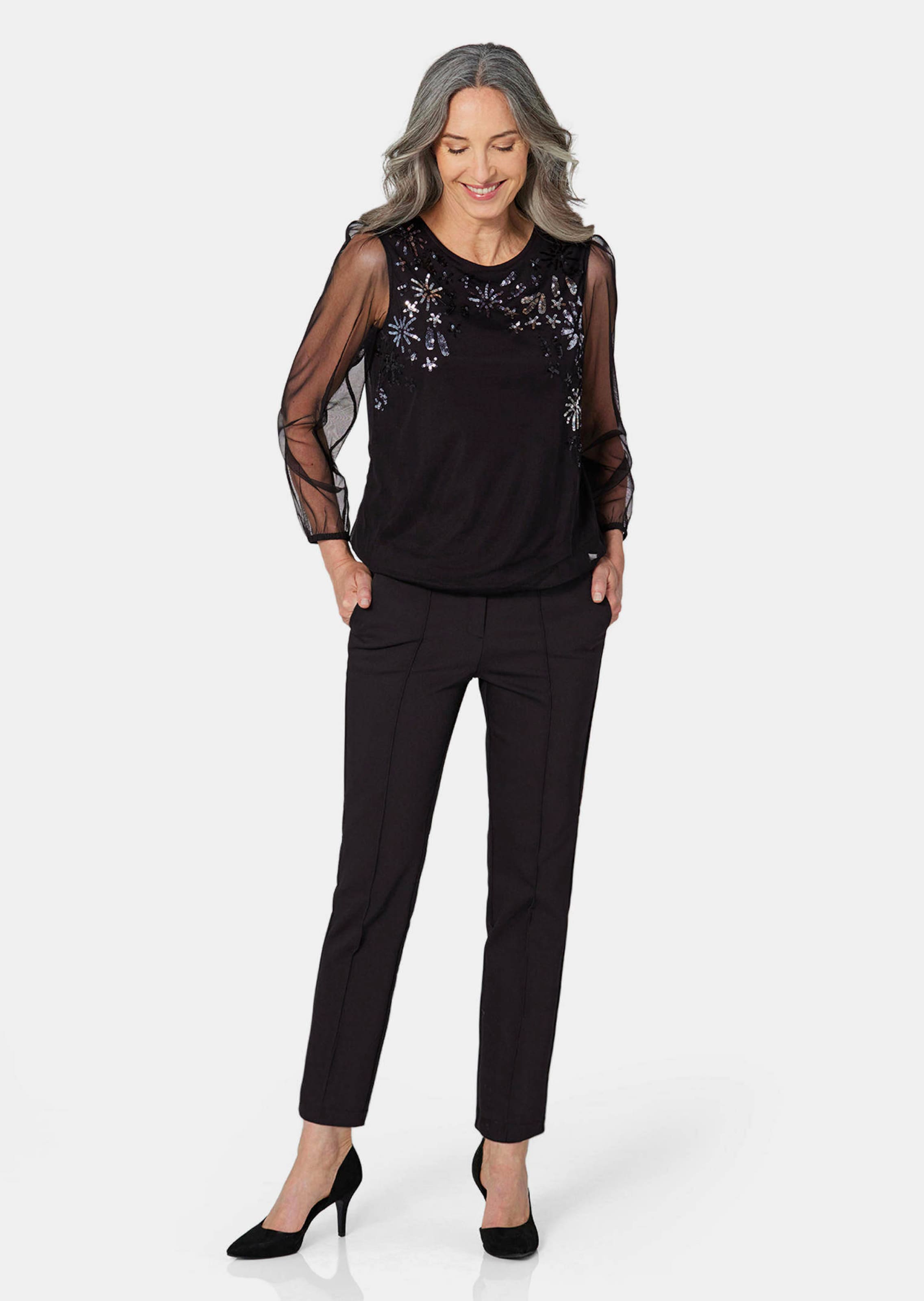 T-shirt à manches longues transparentes - noir / couleur argent / à motifs - Gr. 40 de Goldner Fashi