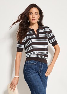 Gestreifter Feinstrick-Pullover mit Polokragen thumbnail 7