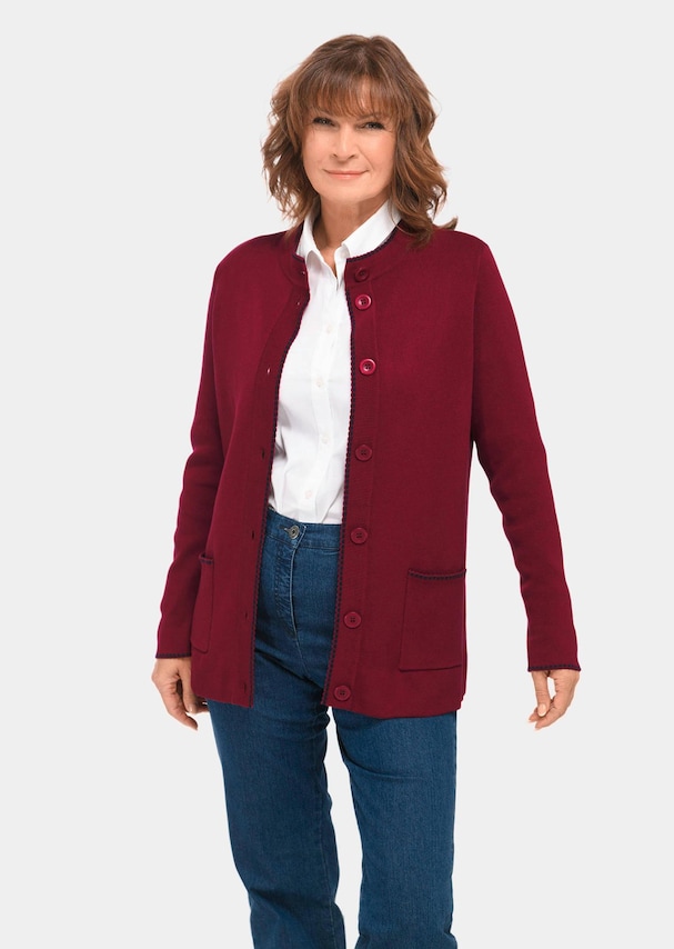 Lang tricot jasje met contrastkleurige sierranden