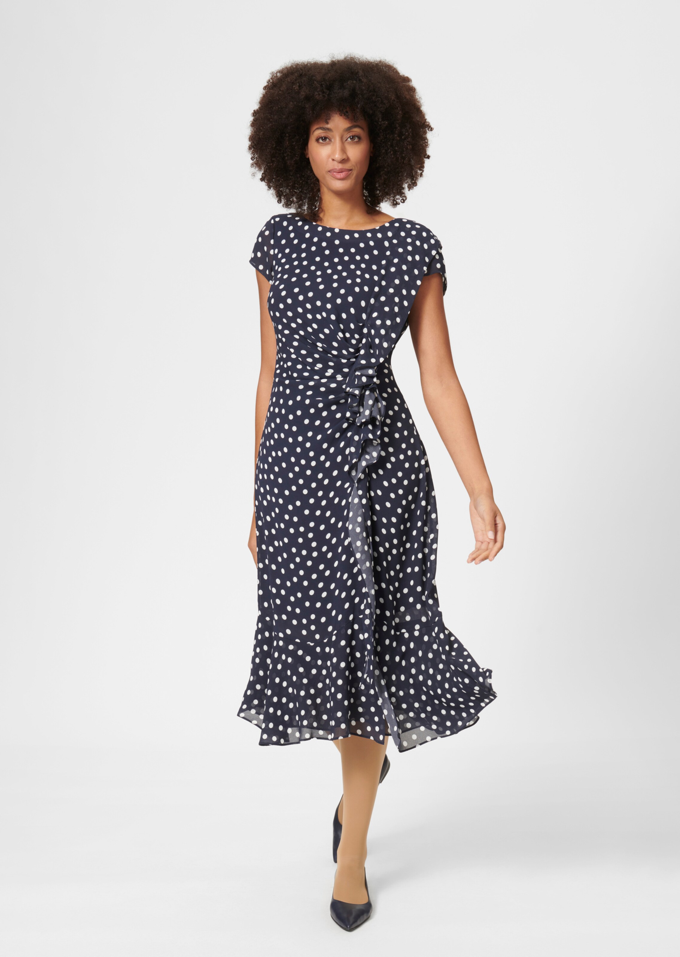 Summer dress with polka dot print and flounces in navy white MADELEINE Fashion