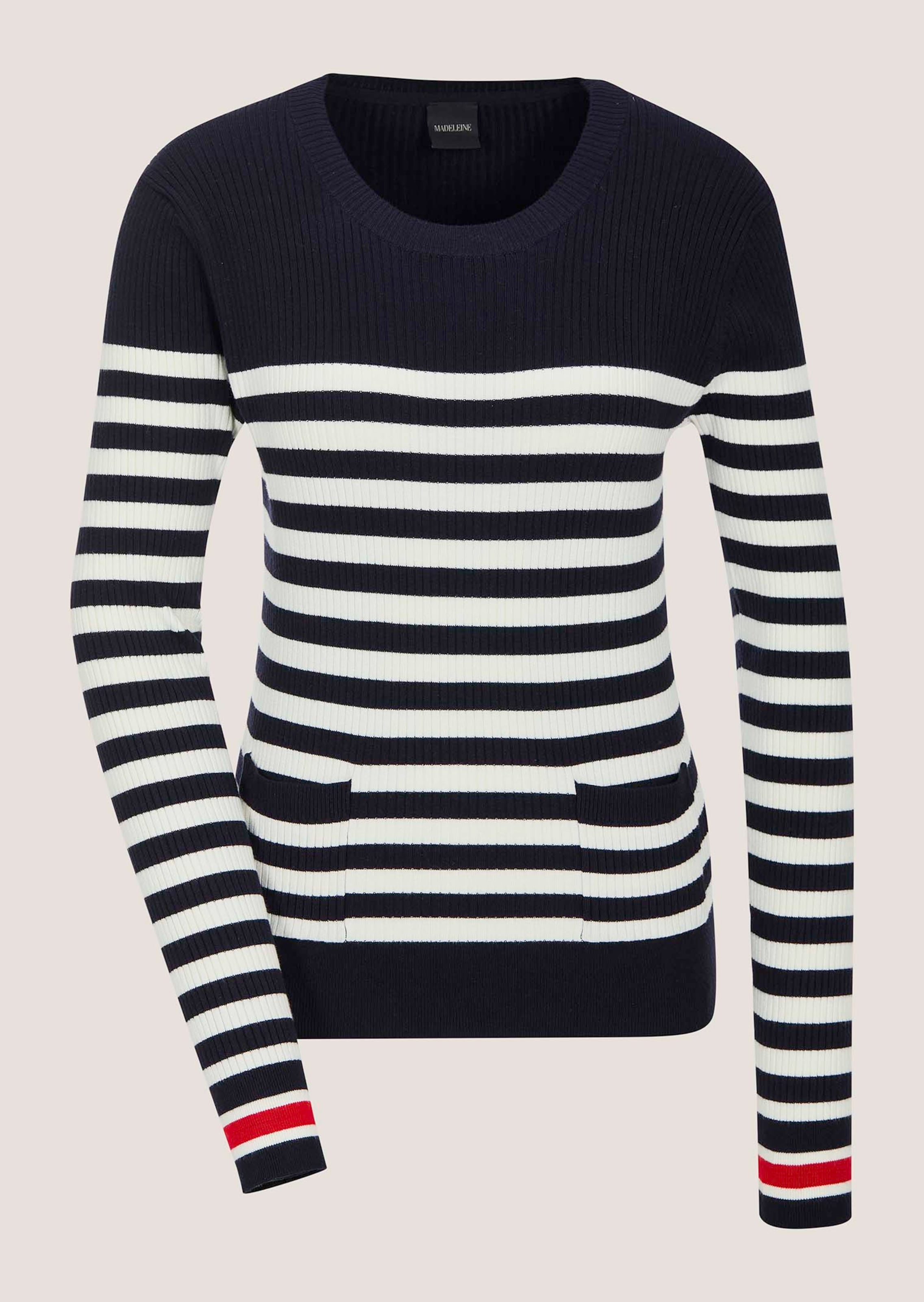 Gestreifter Rippstrickpullover mit aufgesetzten Taschen