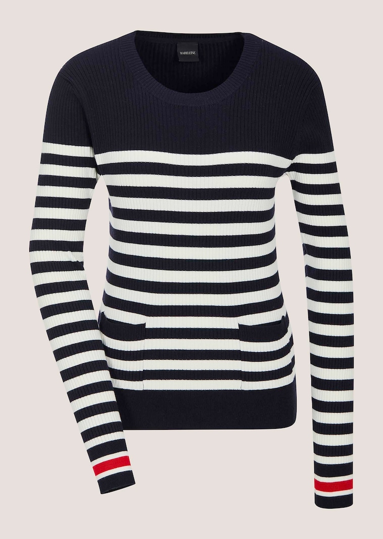 Gestreifter Rippstrickpullover mit aufgesetzten Taschen