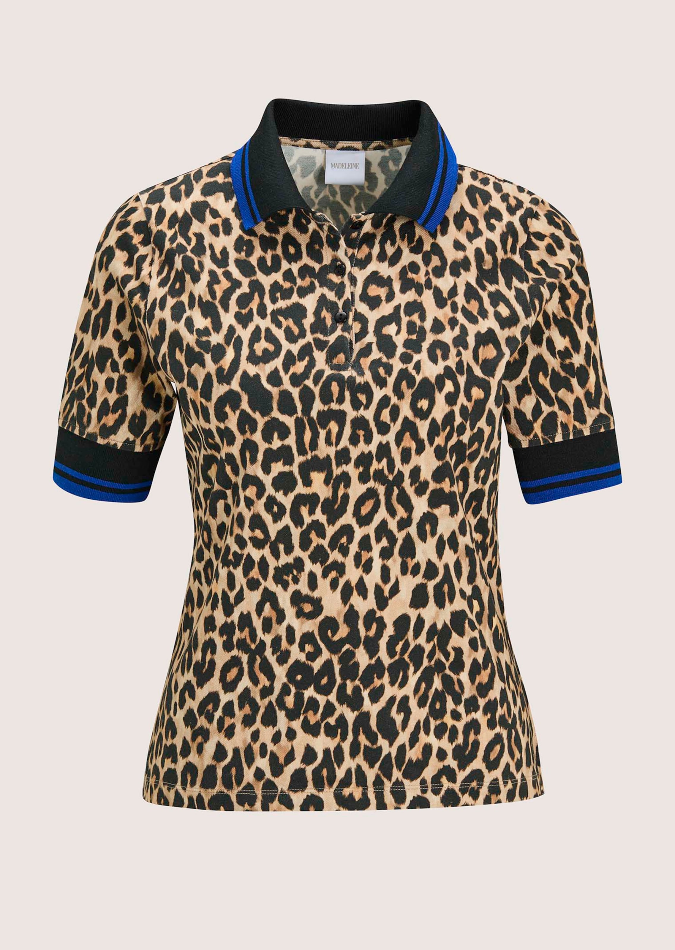 Leopard print polo shirt in black / caramel / royal blue