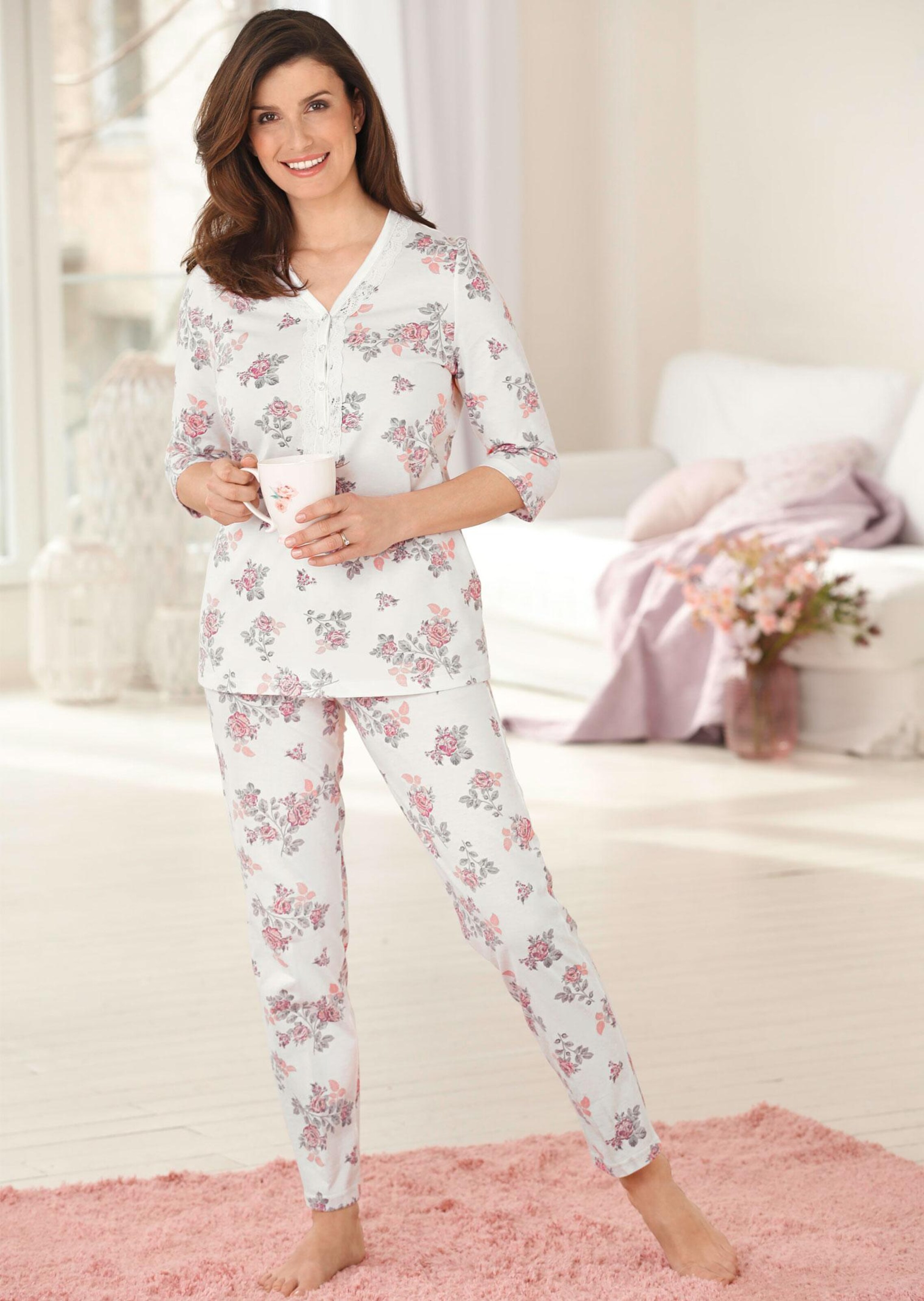 Pyjama en coton avec patte de boutonnage et manches 3/4