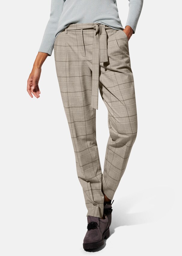 Check pleated trousers with tie belt