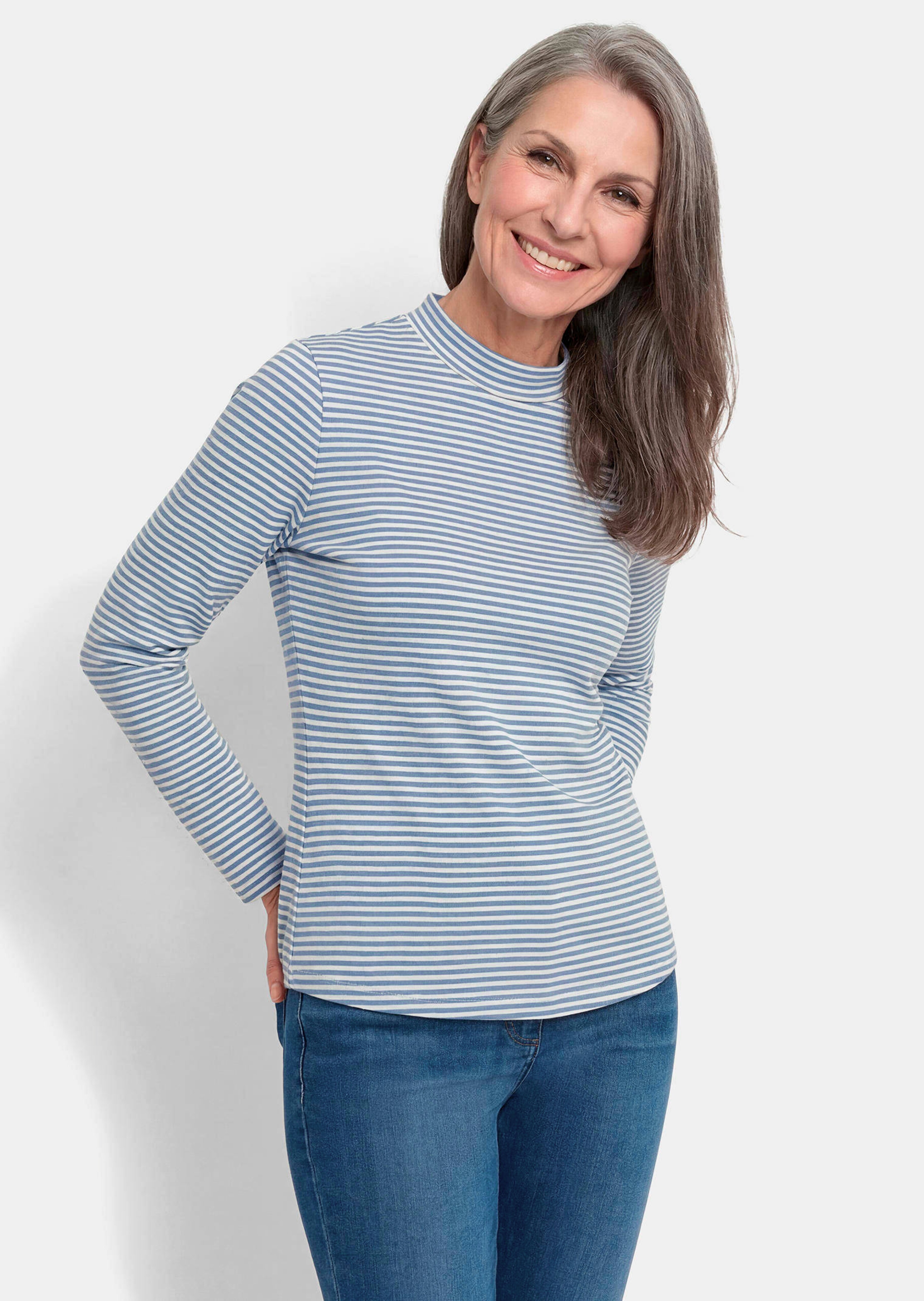 Shirt met lange mouwen, strepen en opstaande kraag