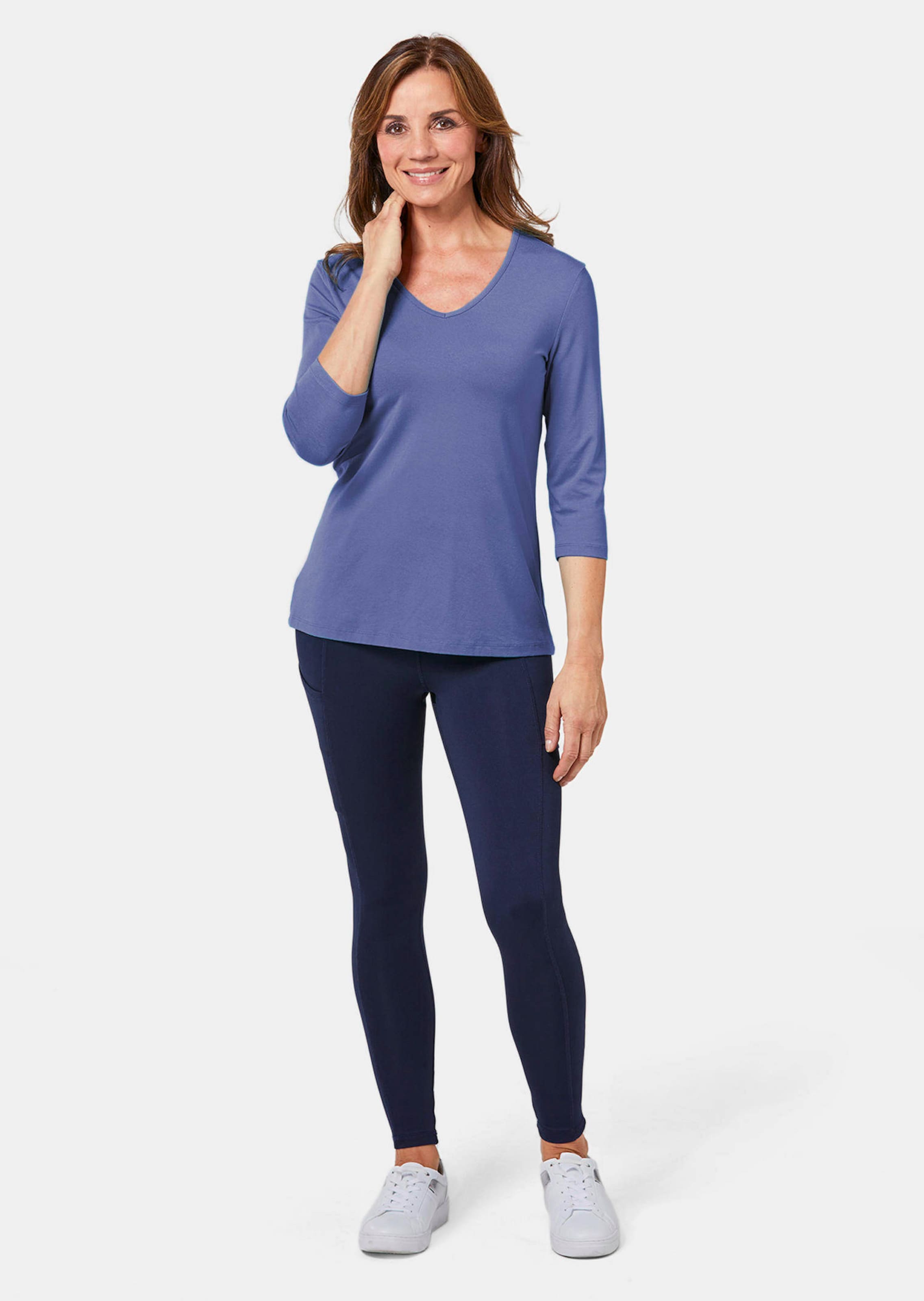 T-shirt à encolure en V et manches 3/4 - bleu - Gr. 50 de Goldner Fashion