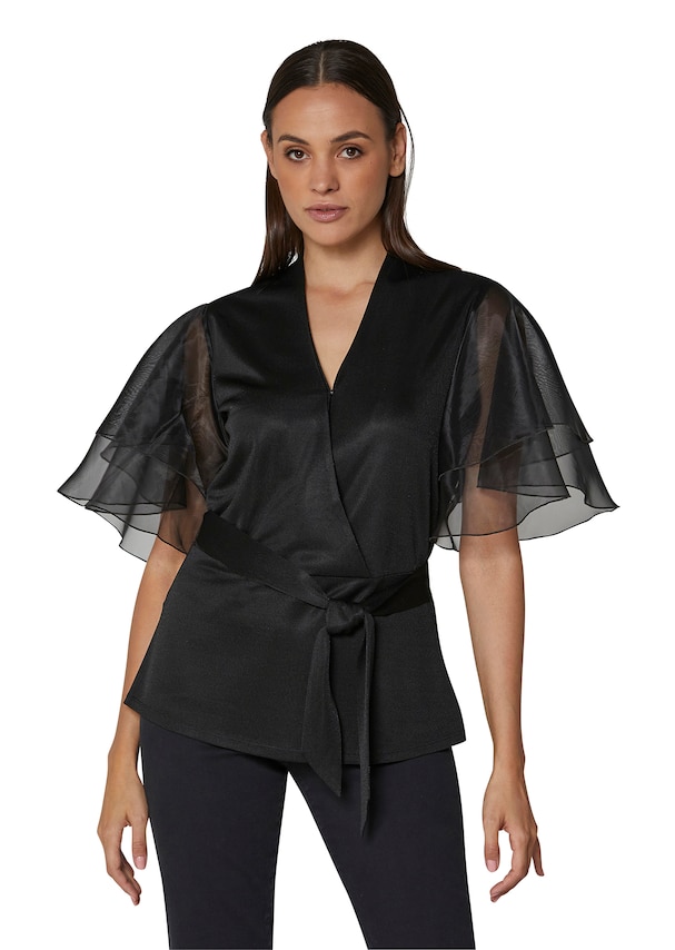 Metallic-look blouse with transparent sleeves