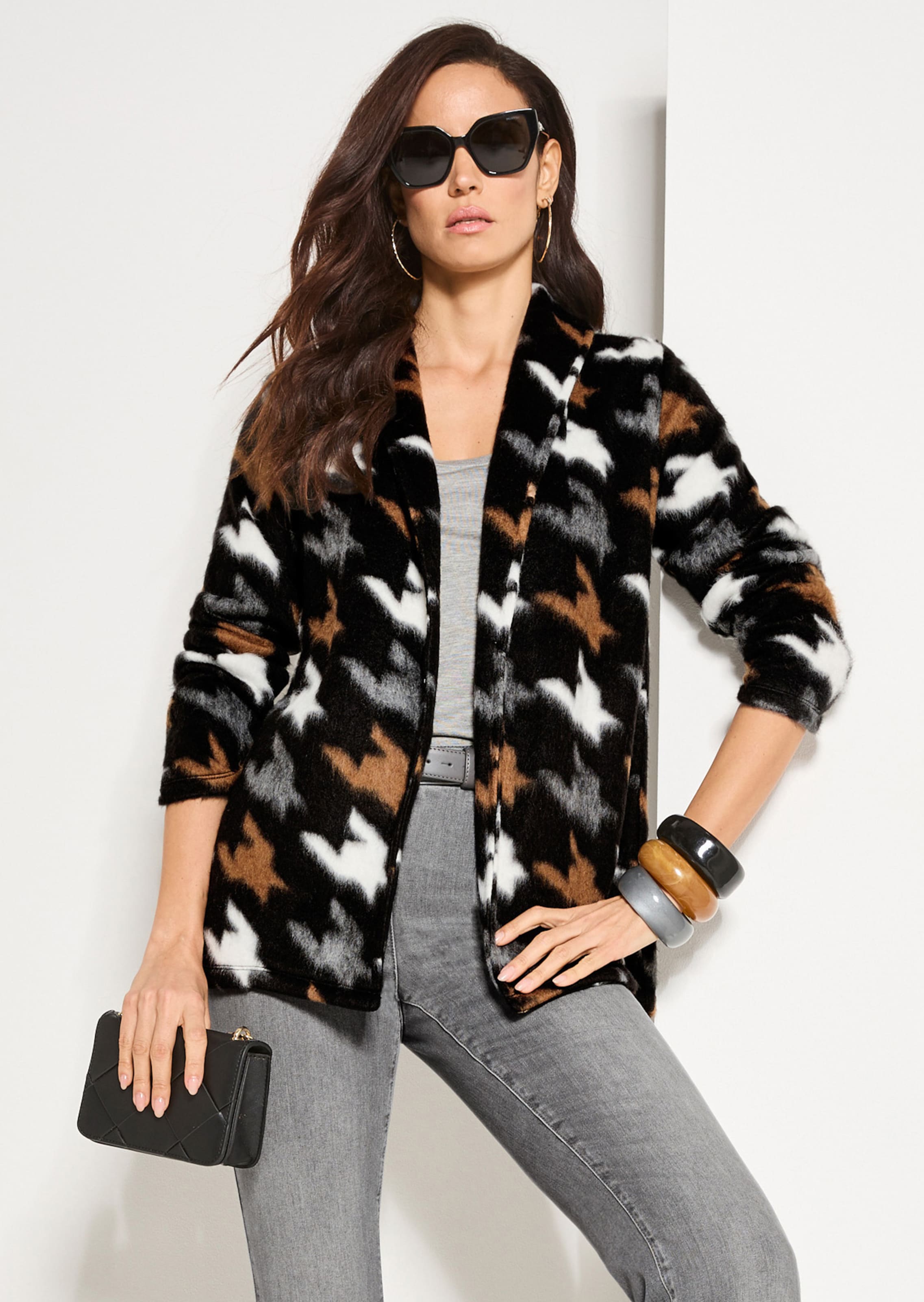 Verschlusslose Shirtjacke mit Hahnentrittmuster