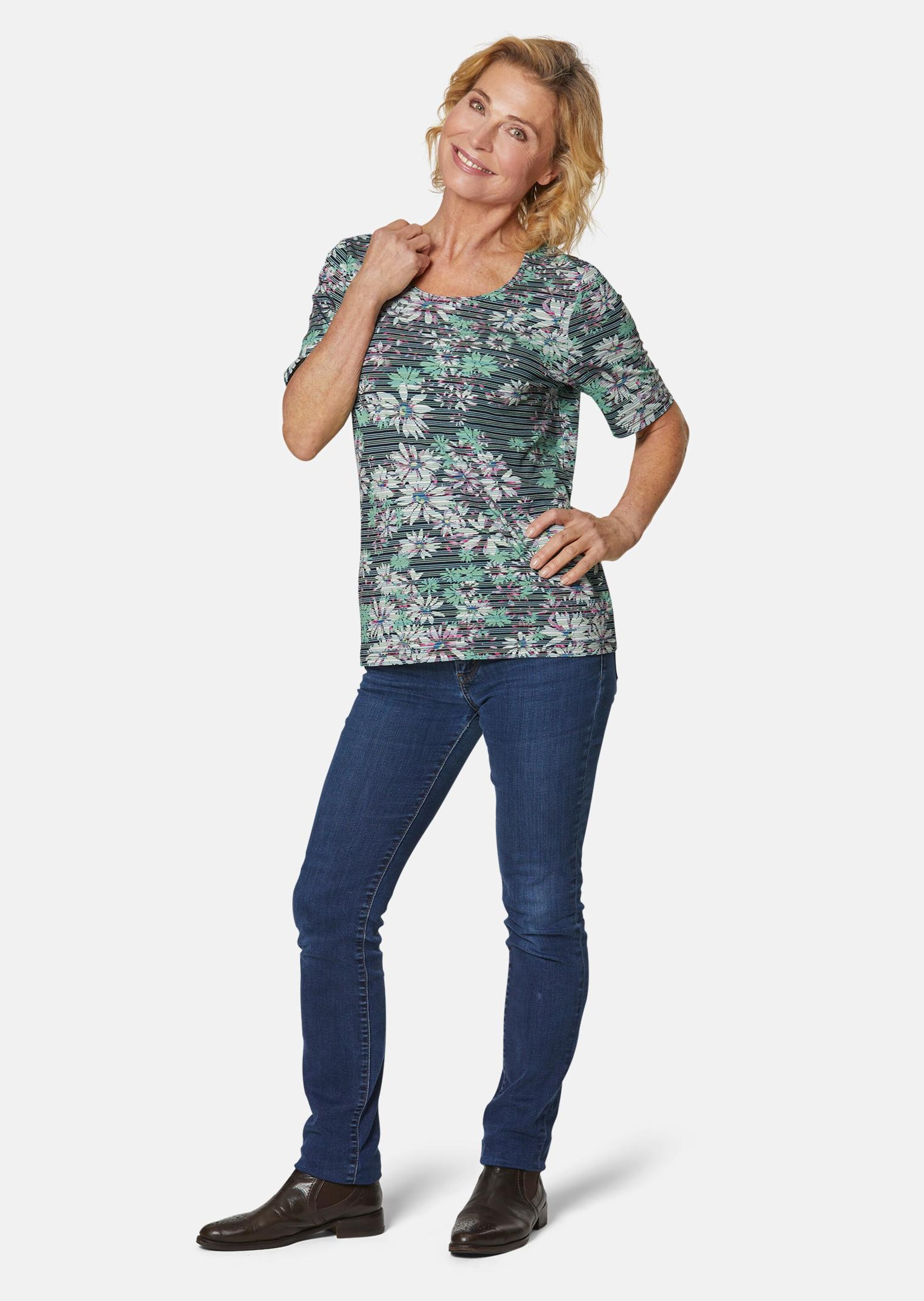 Confortable T-shirt imprimé de fleurs et rayures - marine / vert menthe / à motifs - Gr. 54 de Goldn