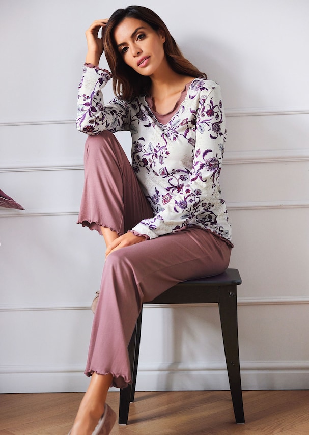 Pyjama avec imprimé floral eet ourlet ondulé décoratif