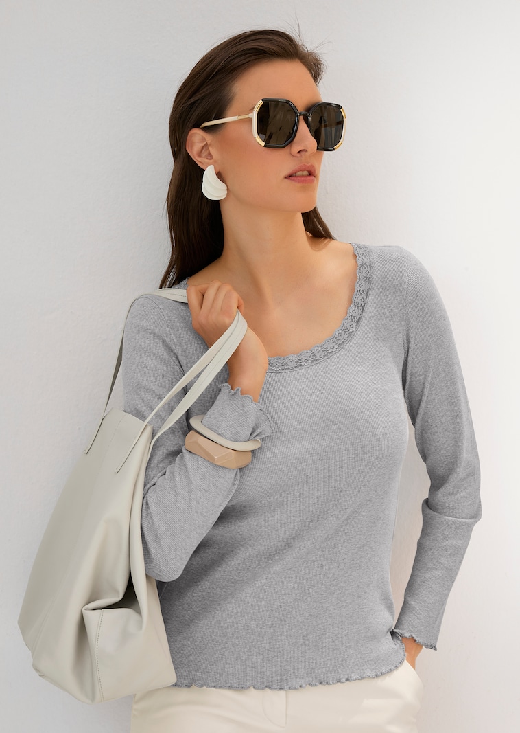 Rippen-Shirt mit Spitze