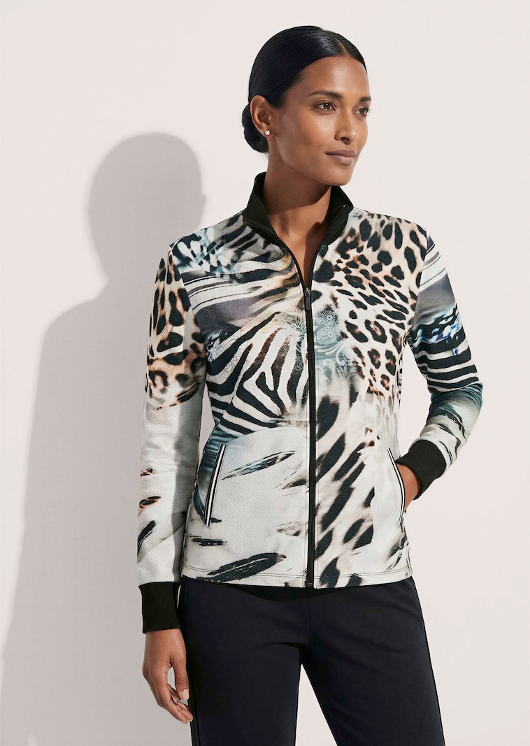Sweat-Jacke mit Stehkragen und Animal-Print