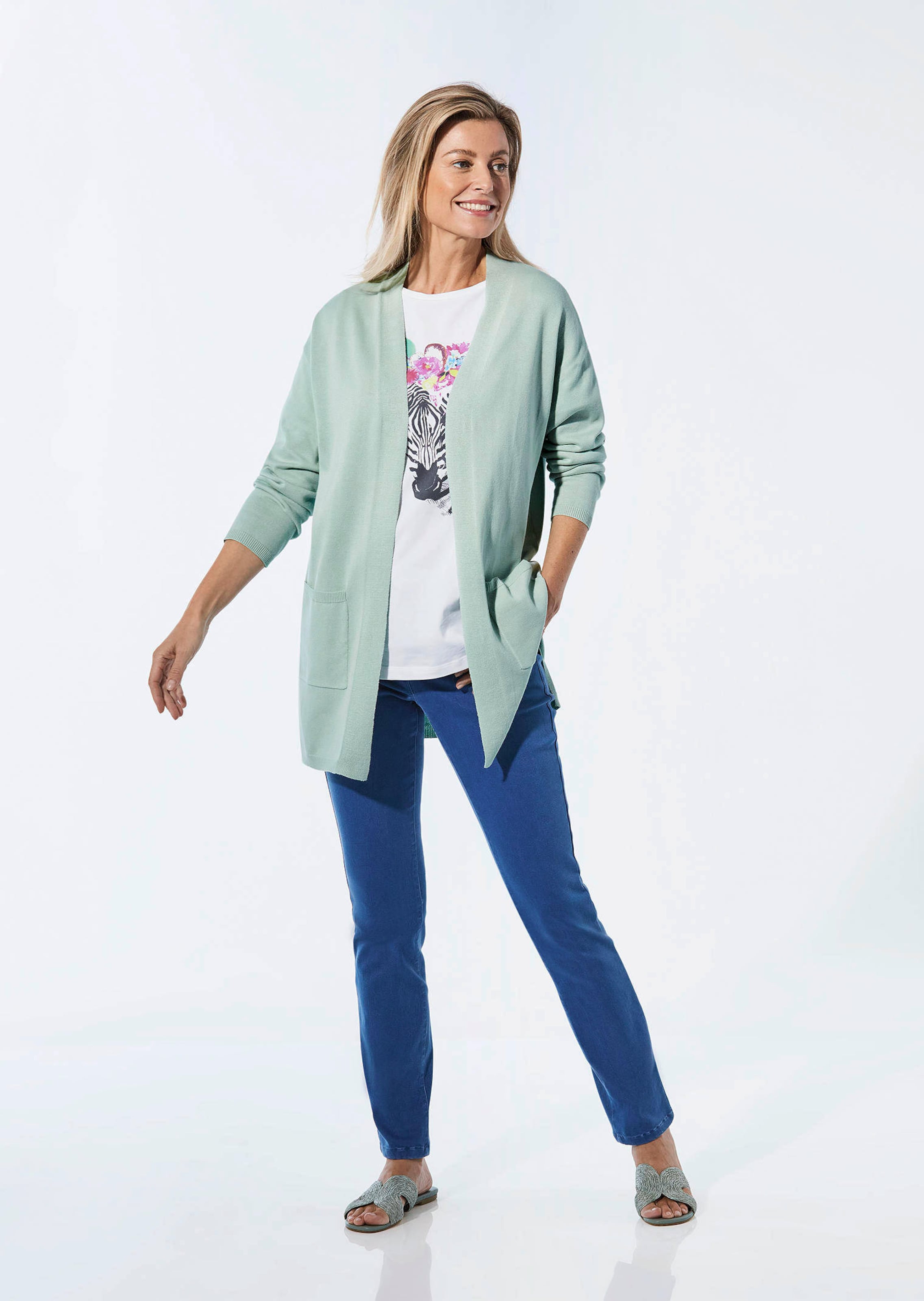 Cardigan long à poches plaquées - bleu lac - Gr. 48 de Goldner Fashion