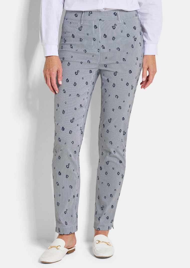 Broek LOUISA van bengaline, met strepen en bloemen