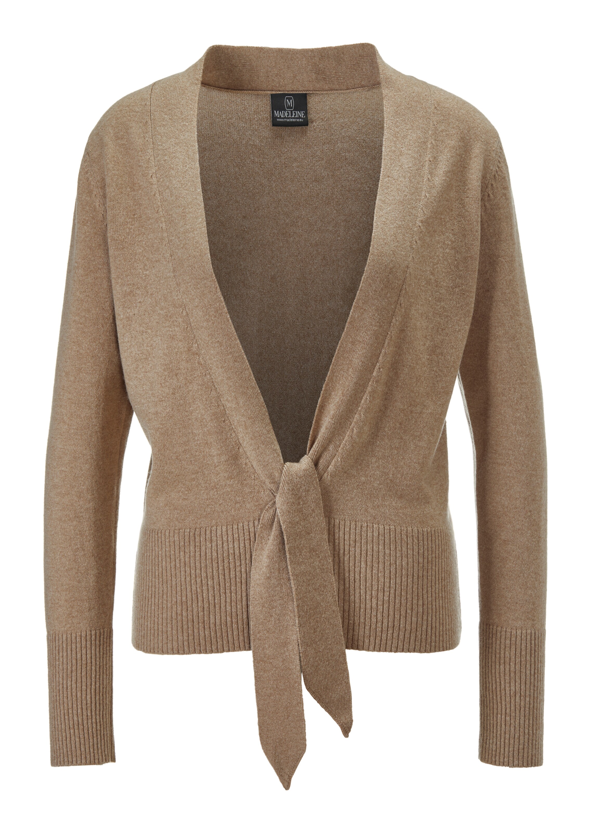 Cashmere cardigan with deep V-neck and tie ribbon