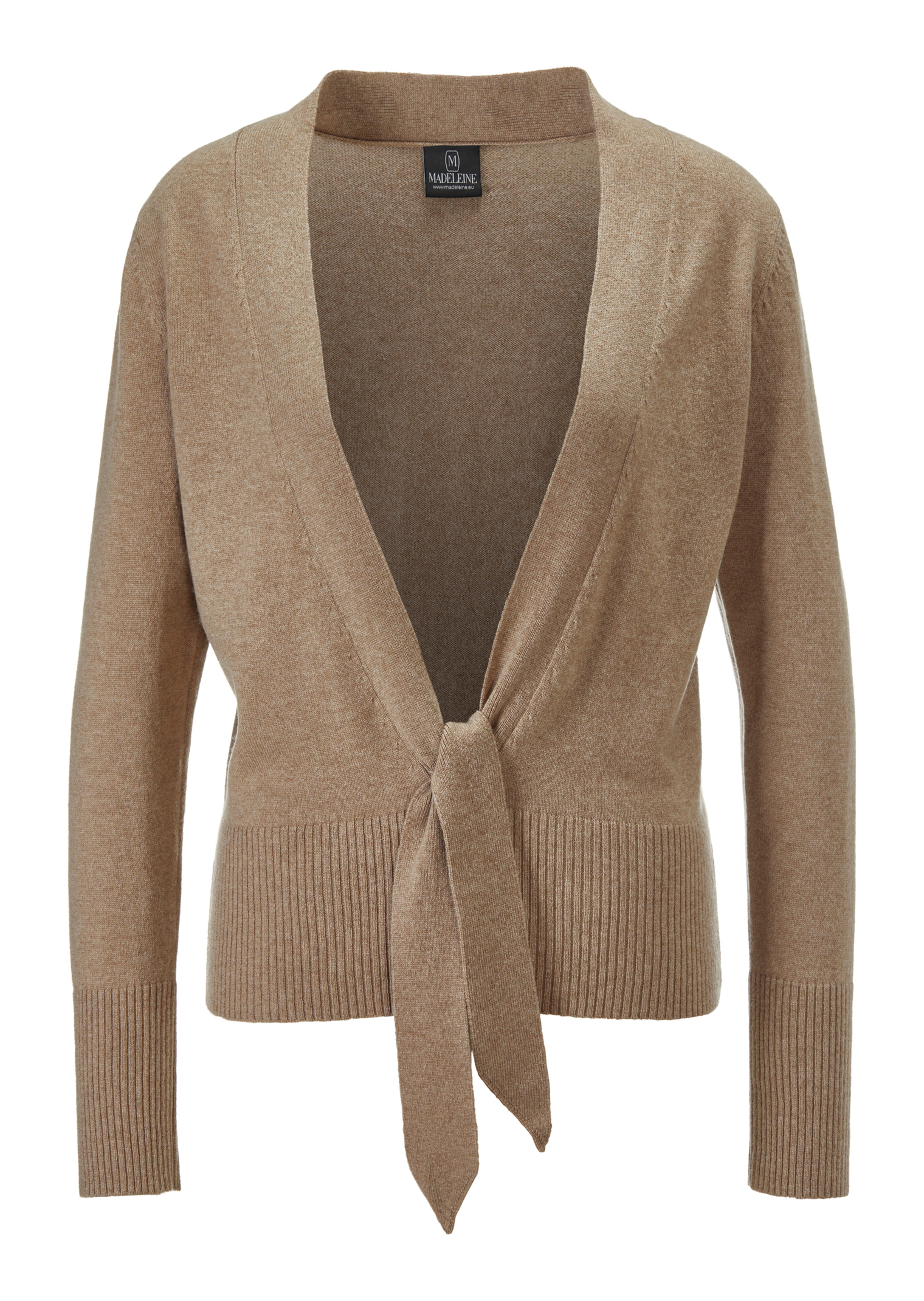 Cashmere cardigan with deep V-neck and tie ribbon