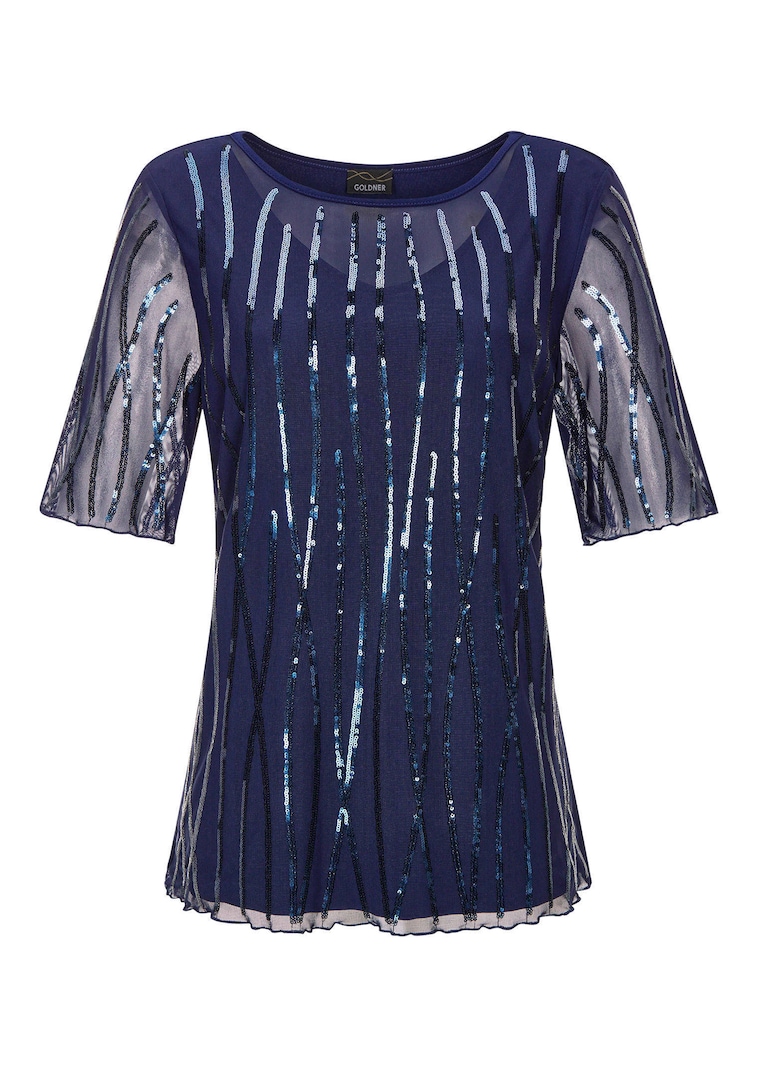 Mit funkelnden Pailletten besetztes Mesh-Shirt