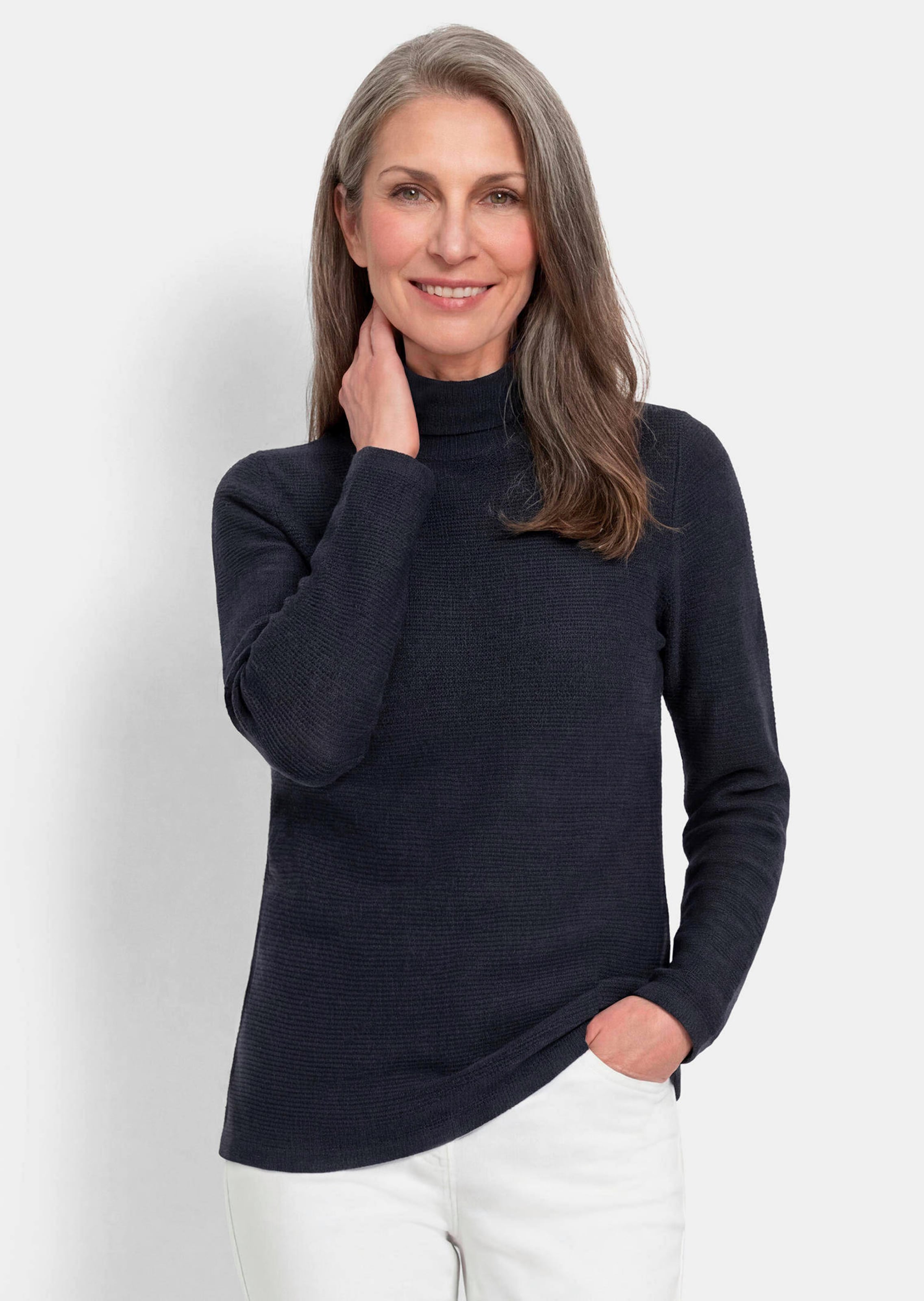Fijn gebreide tricot pullover met opstaande kraag