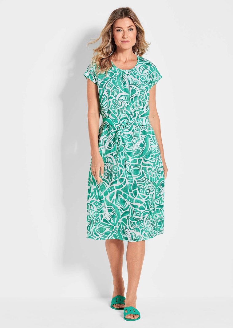 Leinenkleid mit Alloverdruck & Bindegürtel