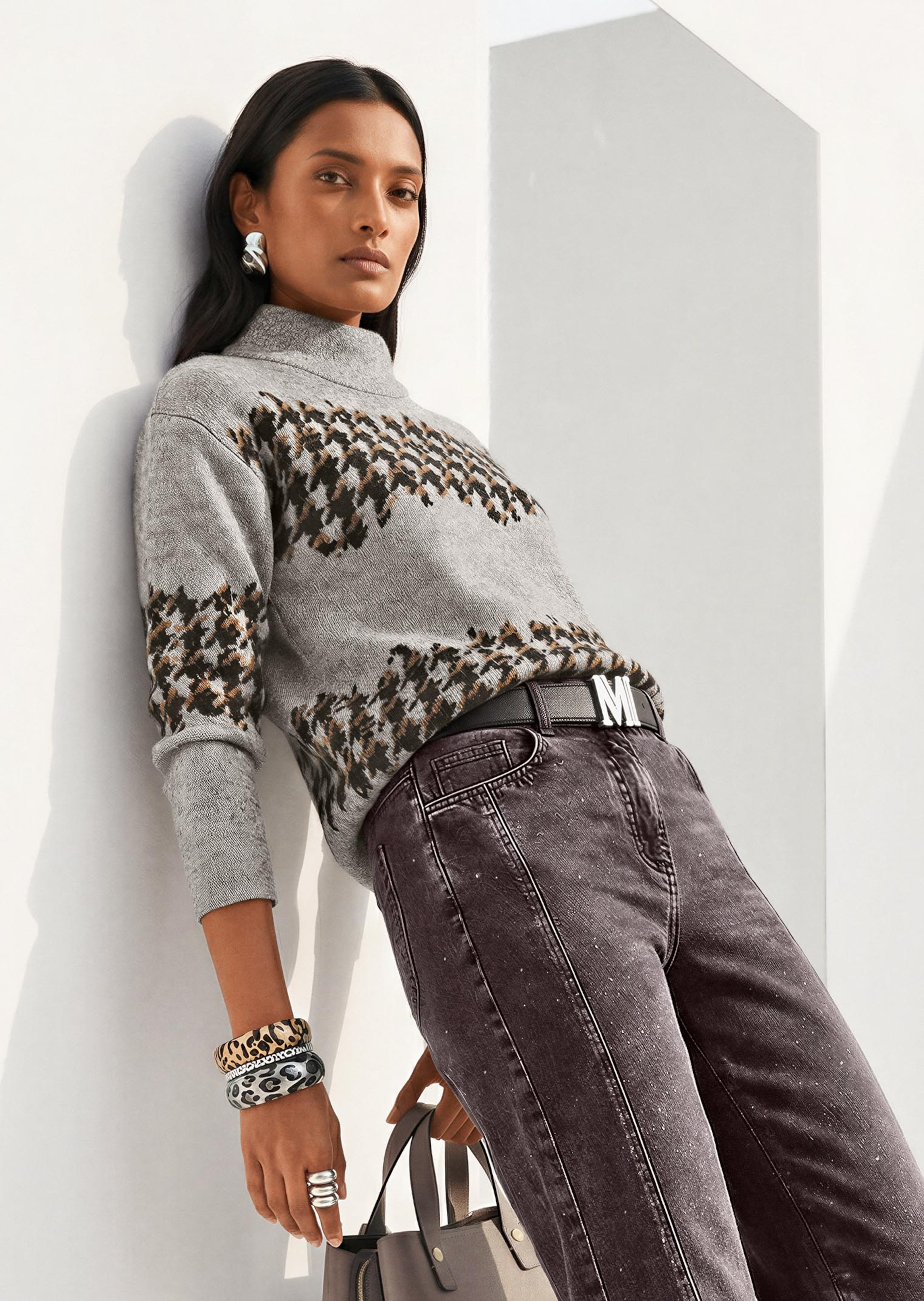 Jacquard-Sweatshirt mit Hahnentritt