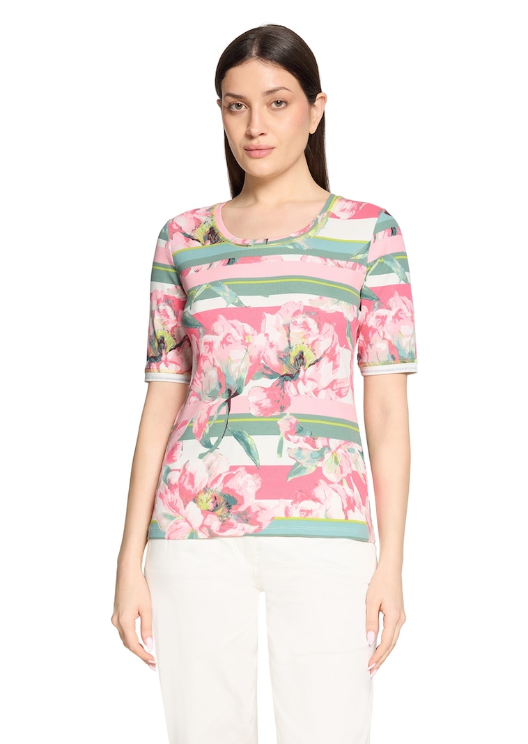 T-shirt côtelé avec motif de fleurs et de rayures