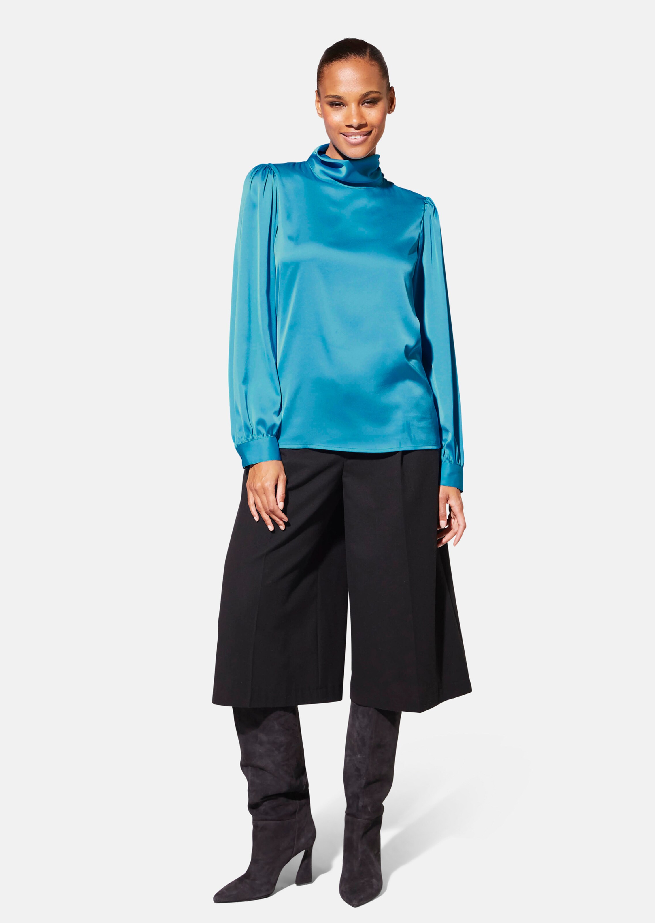 LYANER Damenbluse Mit Rüschen – Stehkragen, Puffärmel, Lang, Aus Satin, Für Büro Oder Elegante Anlässe