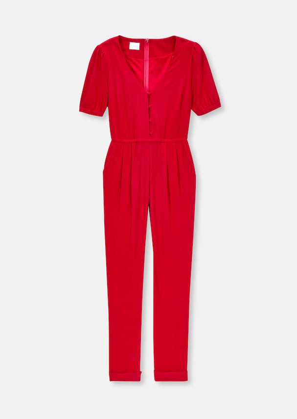 Short-sleeved jumpsuit with V-neck and button placket 5