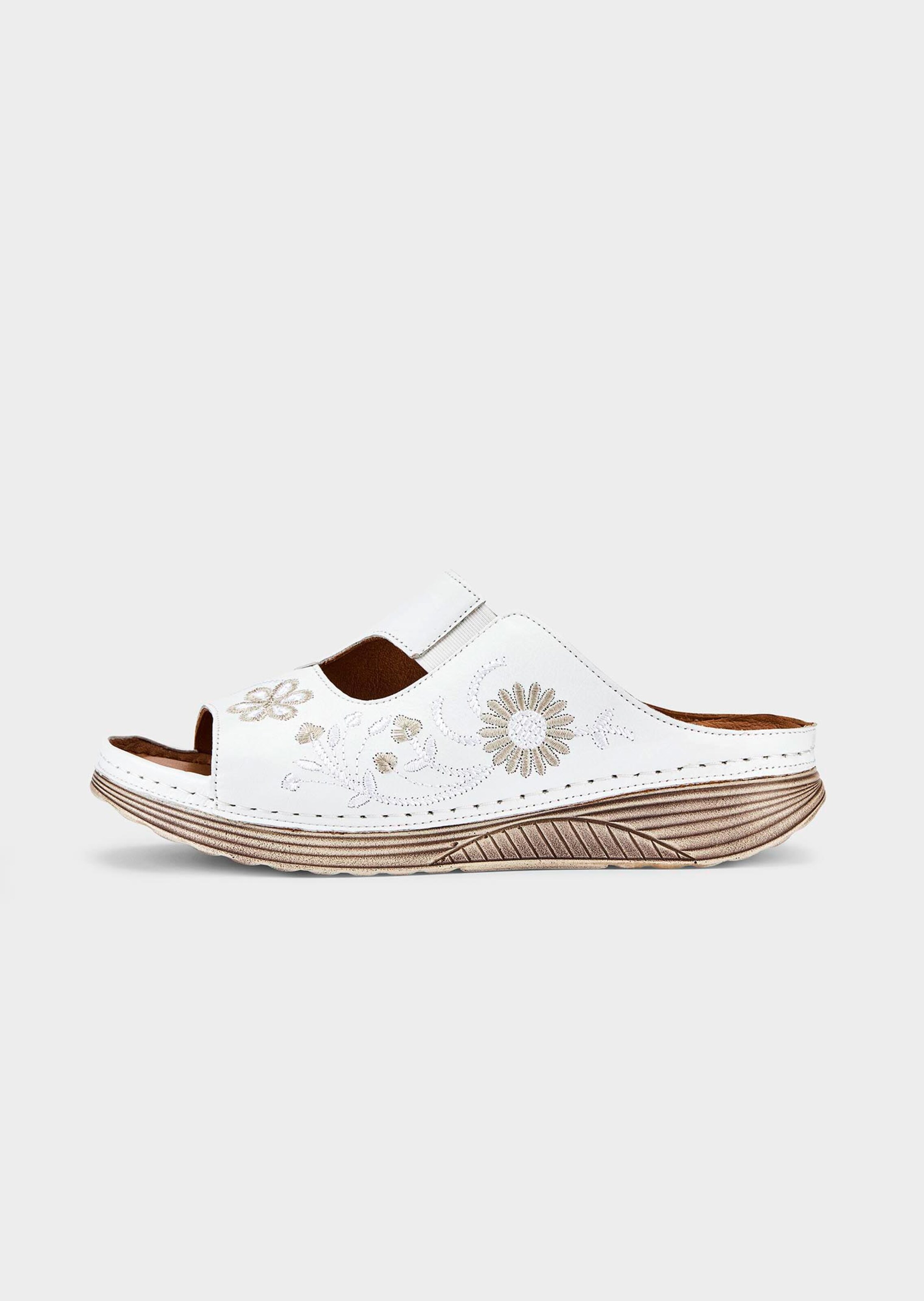 Leder-Pantoletten mit Blumenmuster