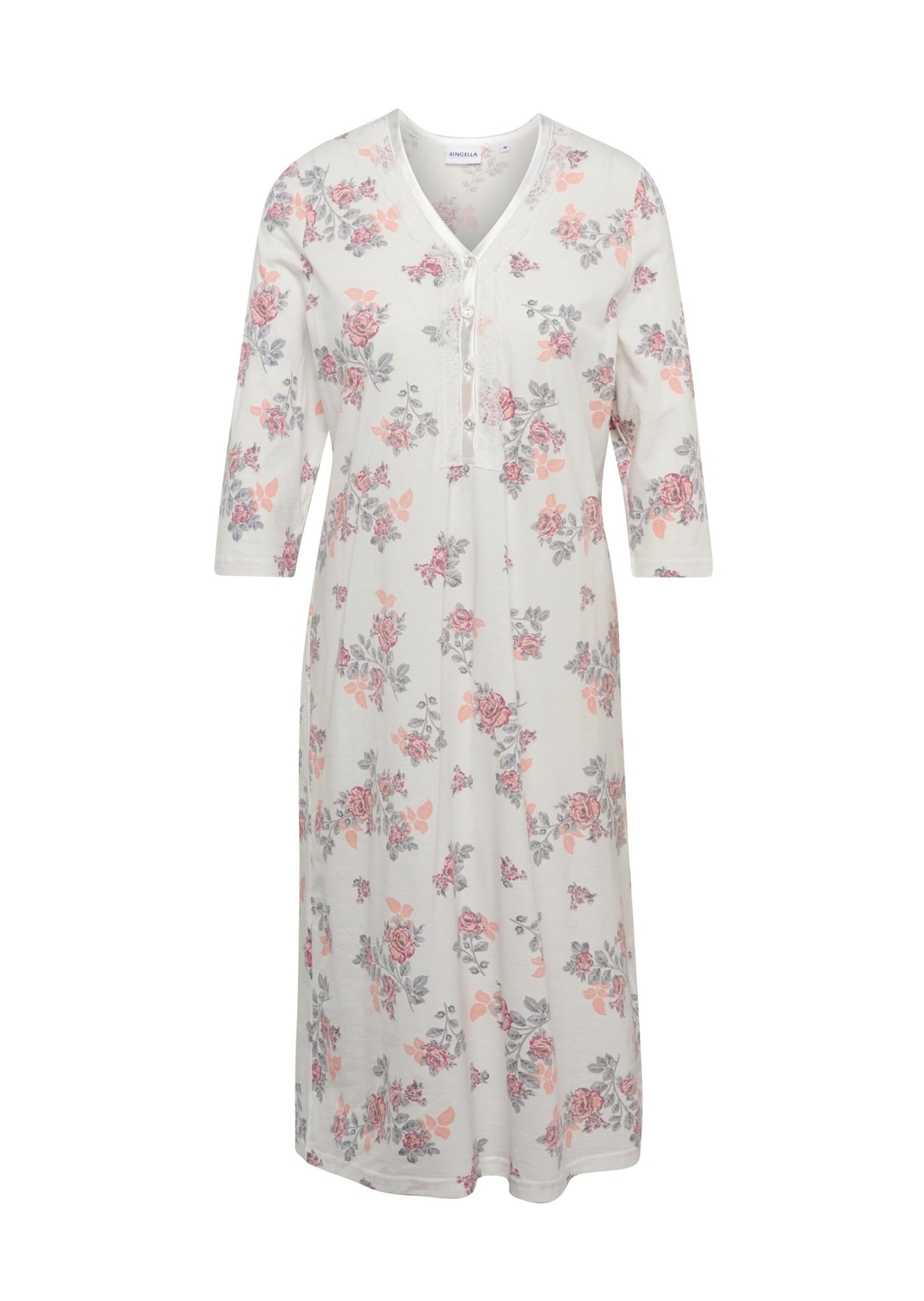 Chemise de nuit en coton avec patte de boutonnage et manches 3/4 - blanc / gris / bordeaux / à fleur