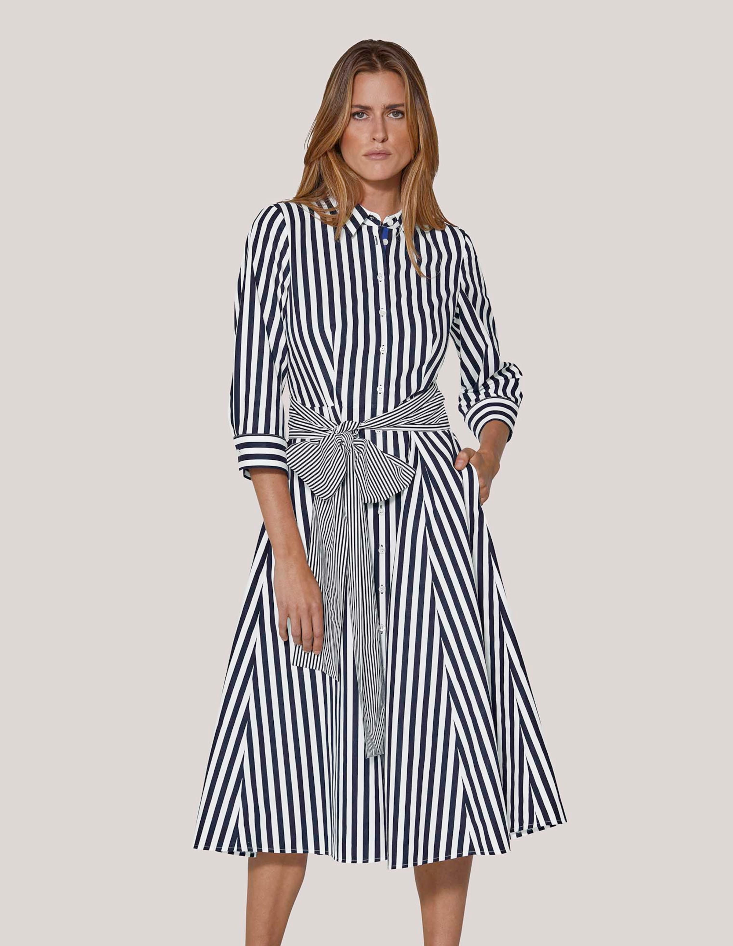 Striped midi shirt dress with wide tie belt in navy white