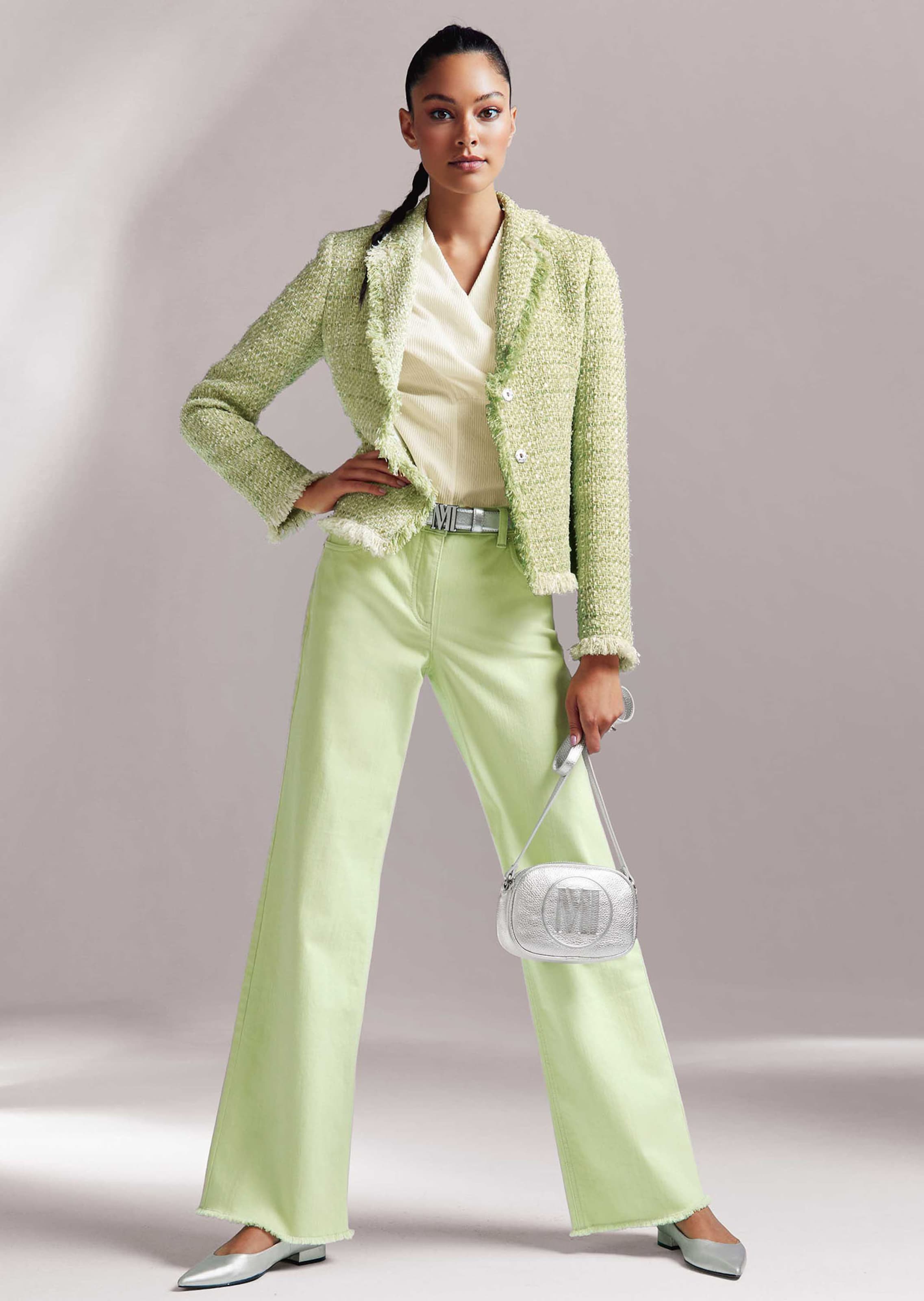 Tweed blazer with fringes in icy green / multi-coloured | MADELEINE Fashion