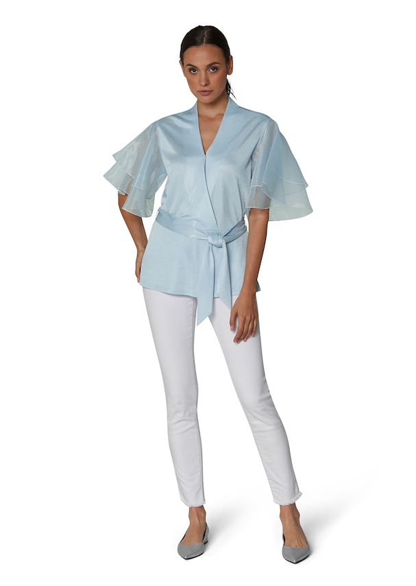 Metallic-look blouse with transparent sleeves 1