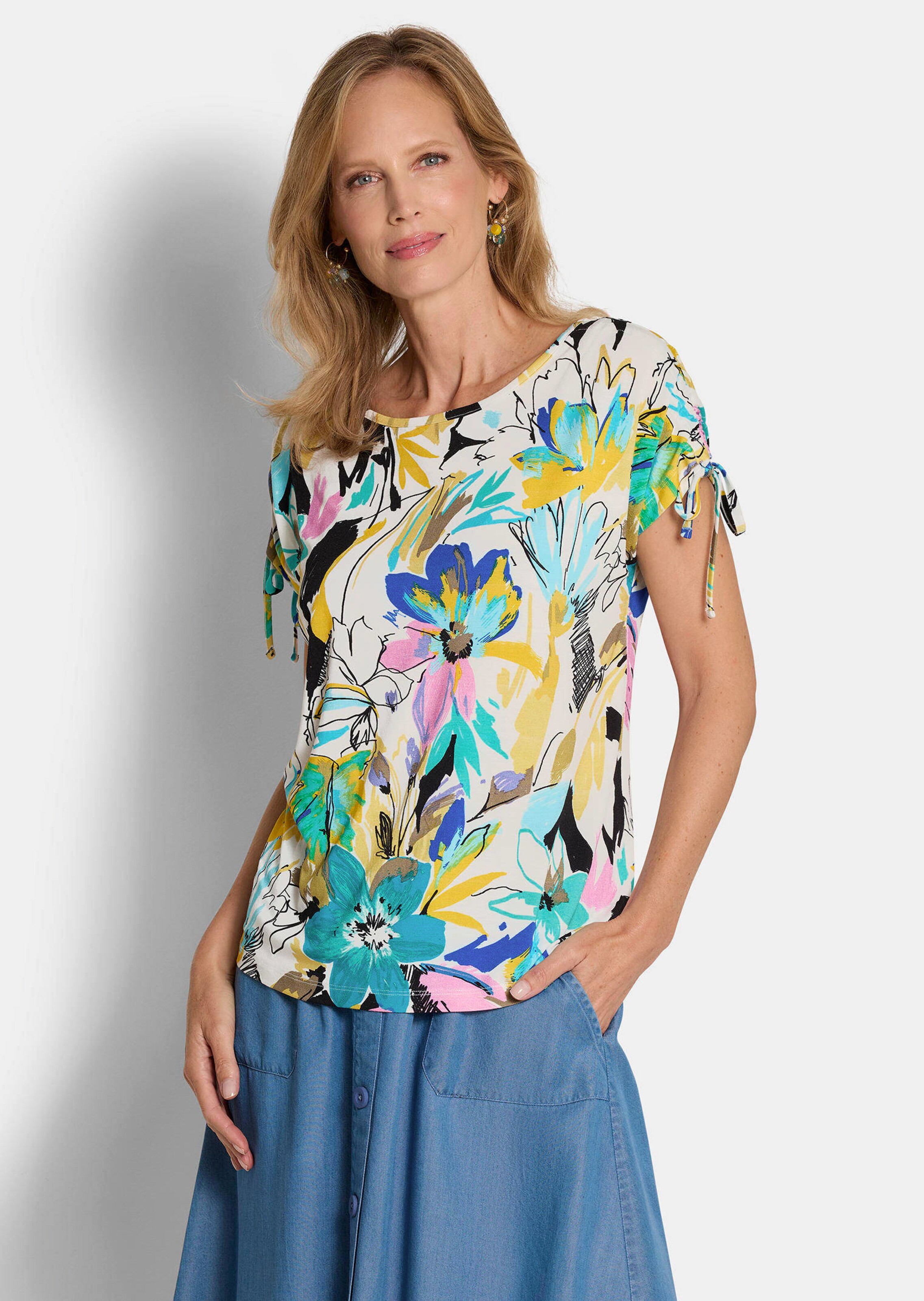 Jersey-Shirt mit gerafften Schultern