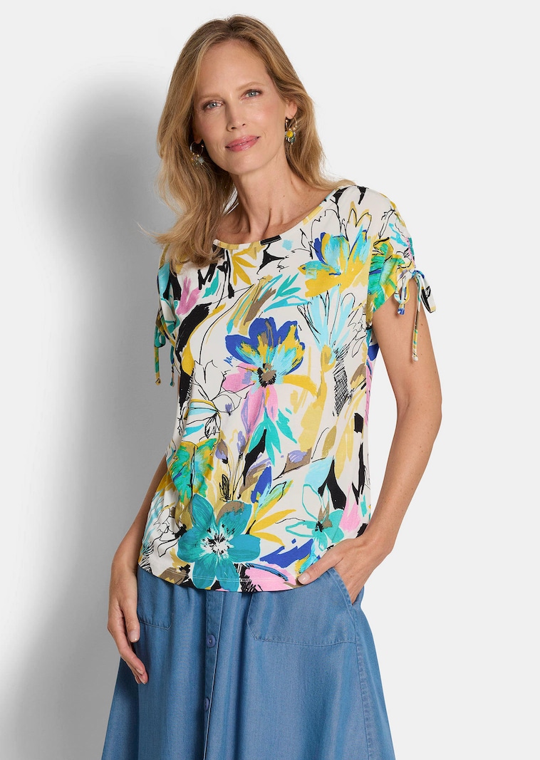 Jersey-Shirt mit gerafften Schultern