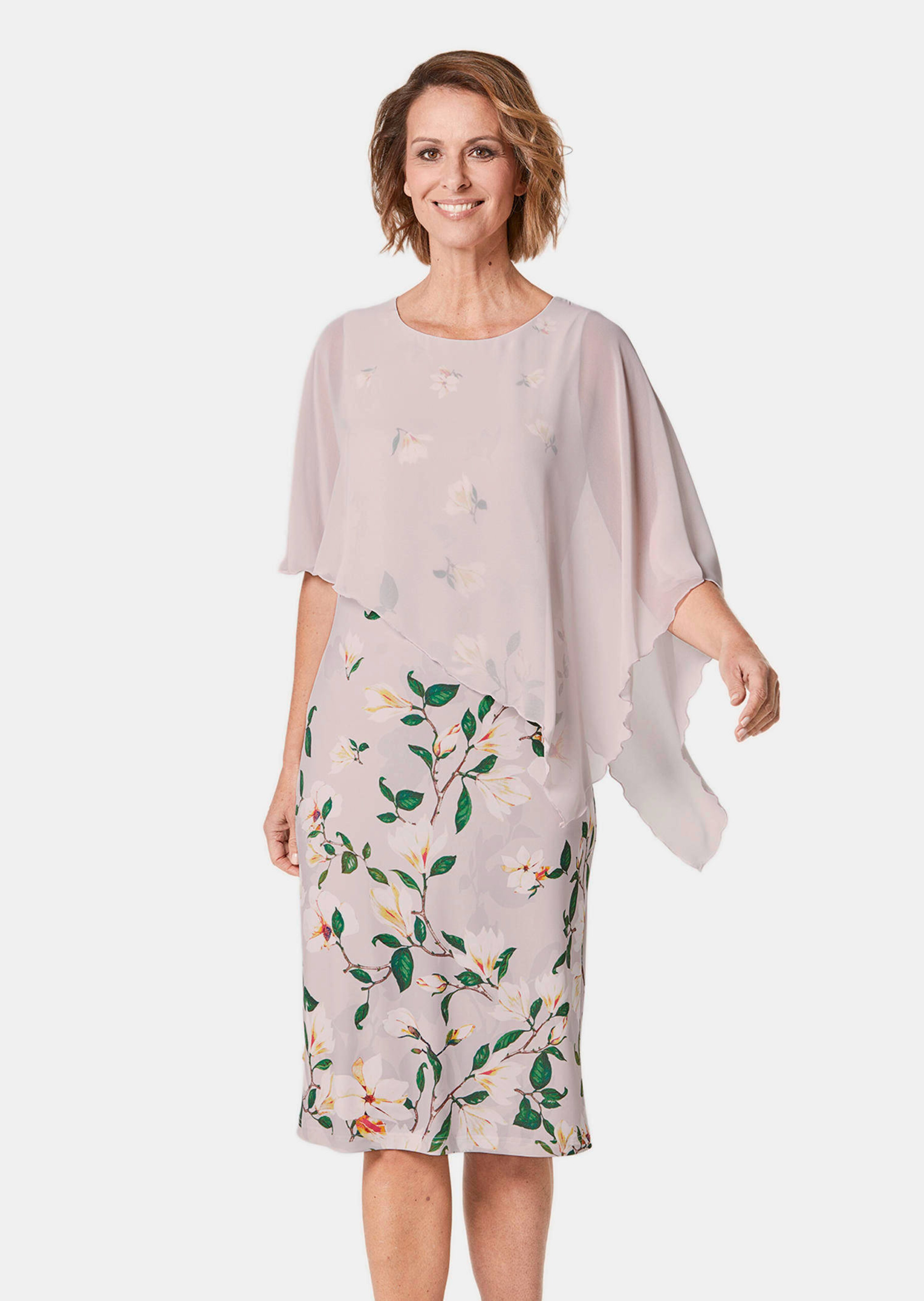 Jurk met een bloemenprint en chiffondrapering