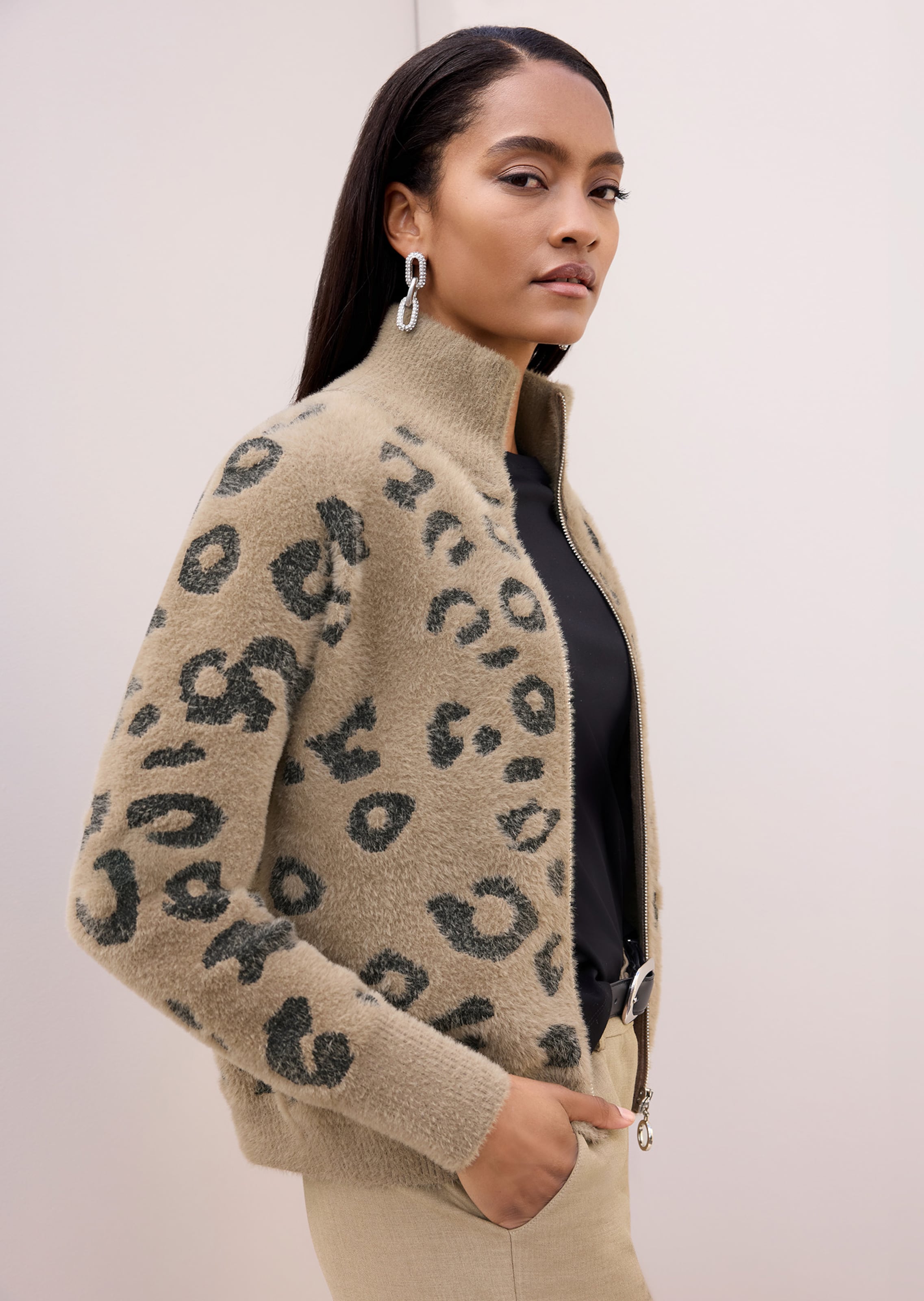 Jacquard-Strickblouson mit Leopardenmuster