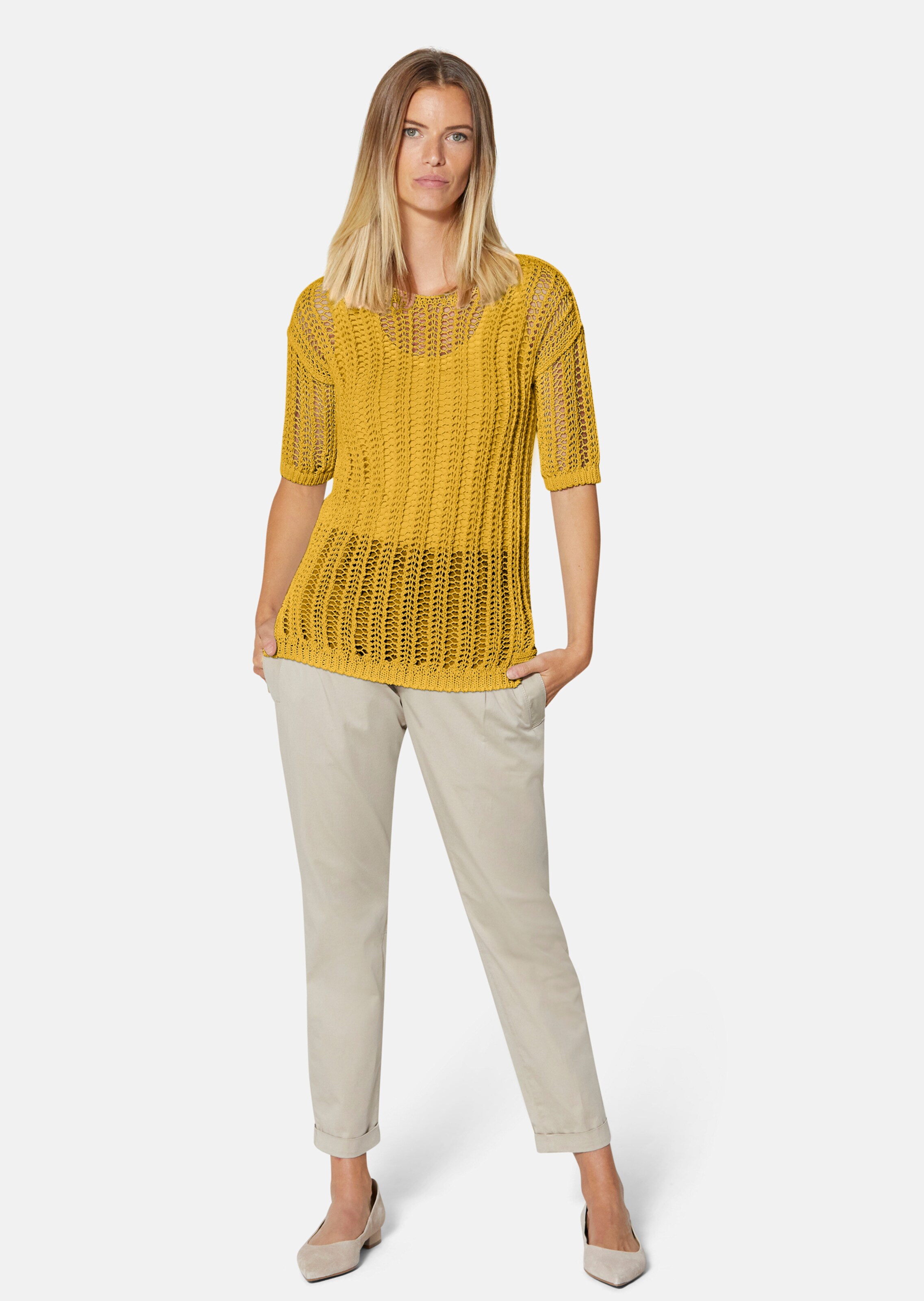 Ajour jumper made from fine Italian ribbon yarn in ginger 