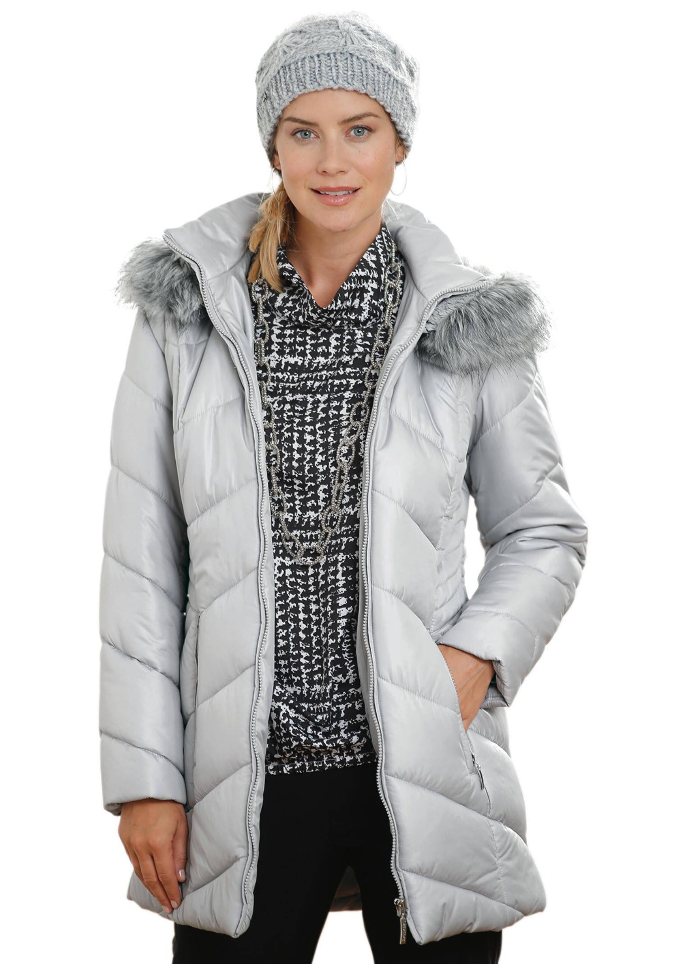 Warme Steppjacke mit Kapuze und Fellimitat