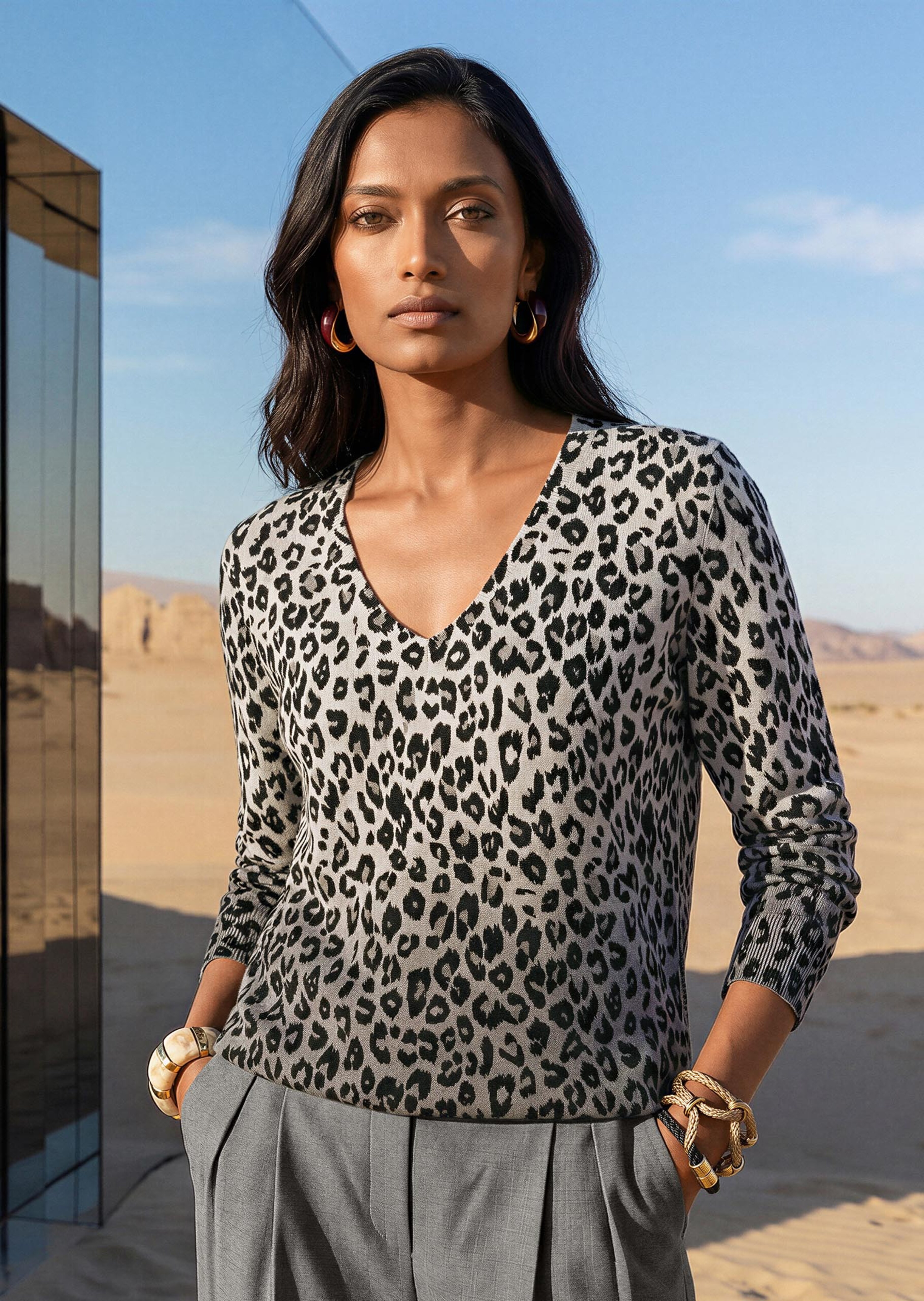 Schurwoll-Pullover mit Leopardenmuster