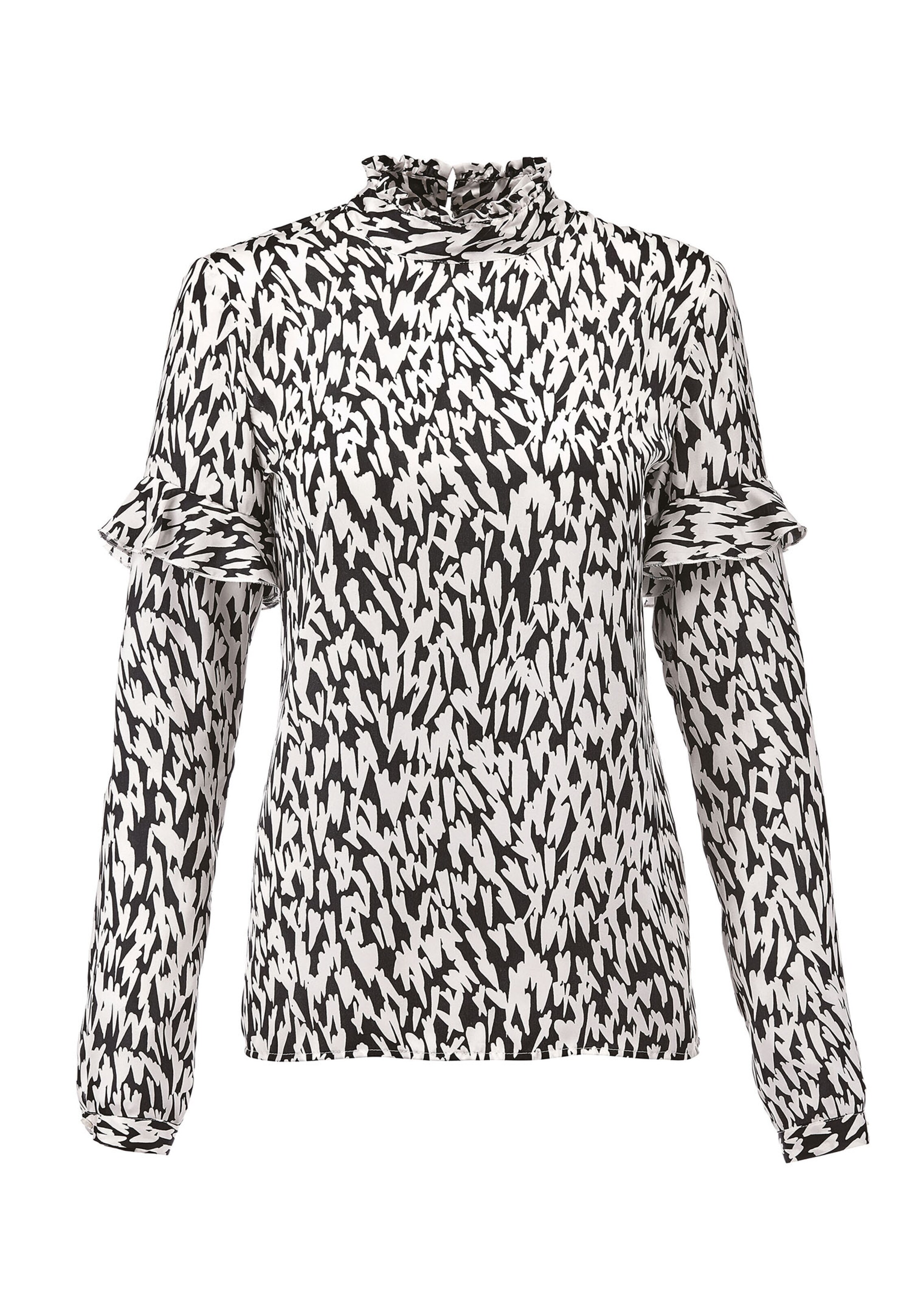Bedruckte Langarm-Bluse mit Stehkragen und Volants