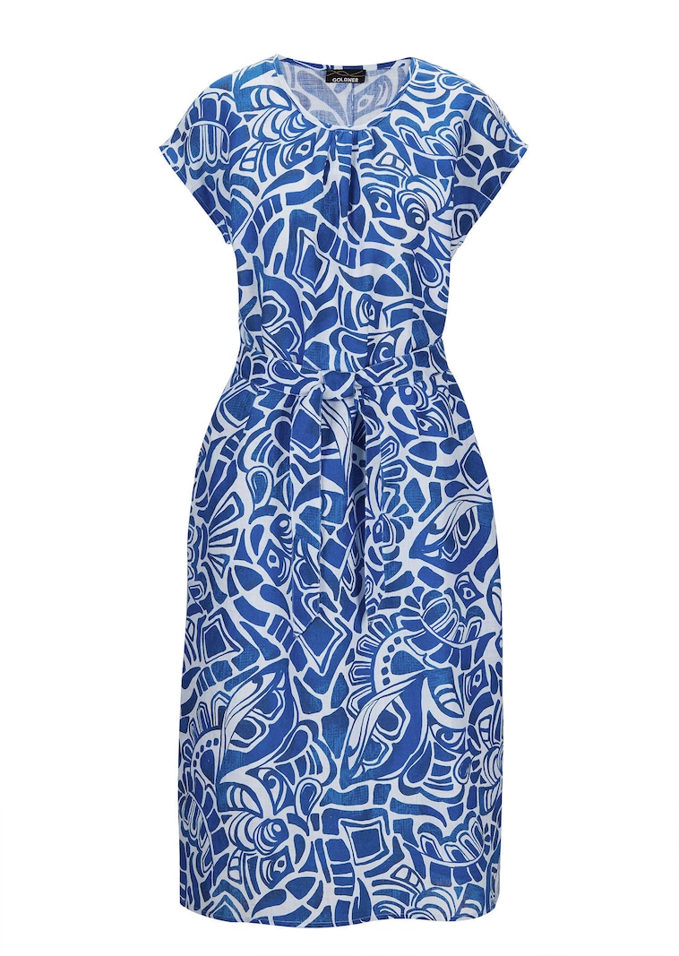 Linnen jurk met all-over print & strikceintuurtje