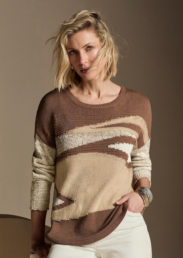 Rundhals-Pullover mit Intarsien