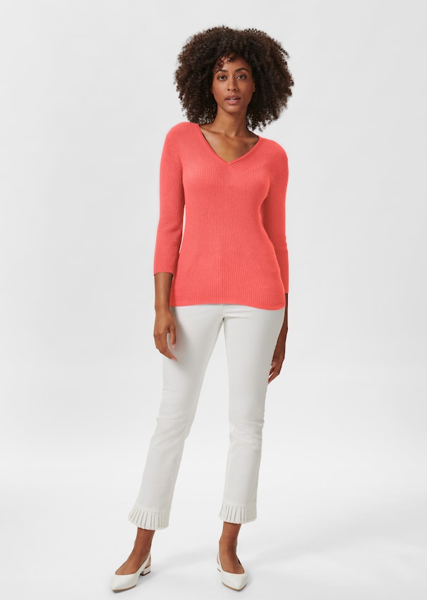 Rib knit jumper with close-fitting design and 3/4-length sleeves 1
