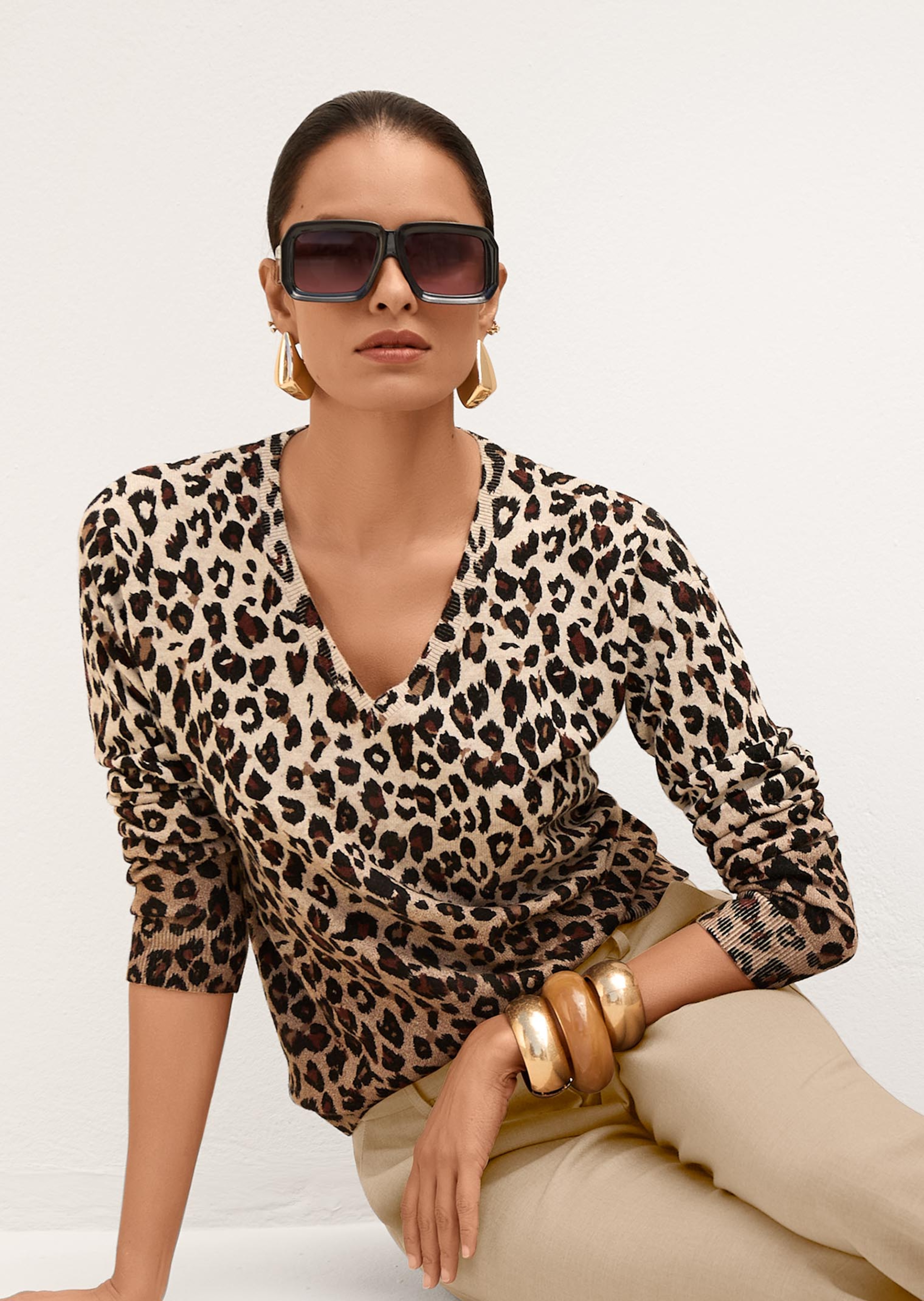 Schurwoll-Pullover mit Leopardenmuster